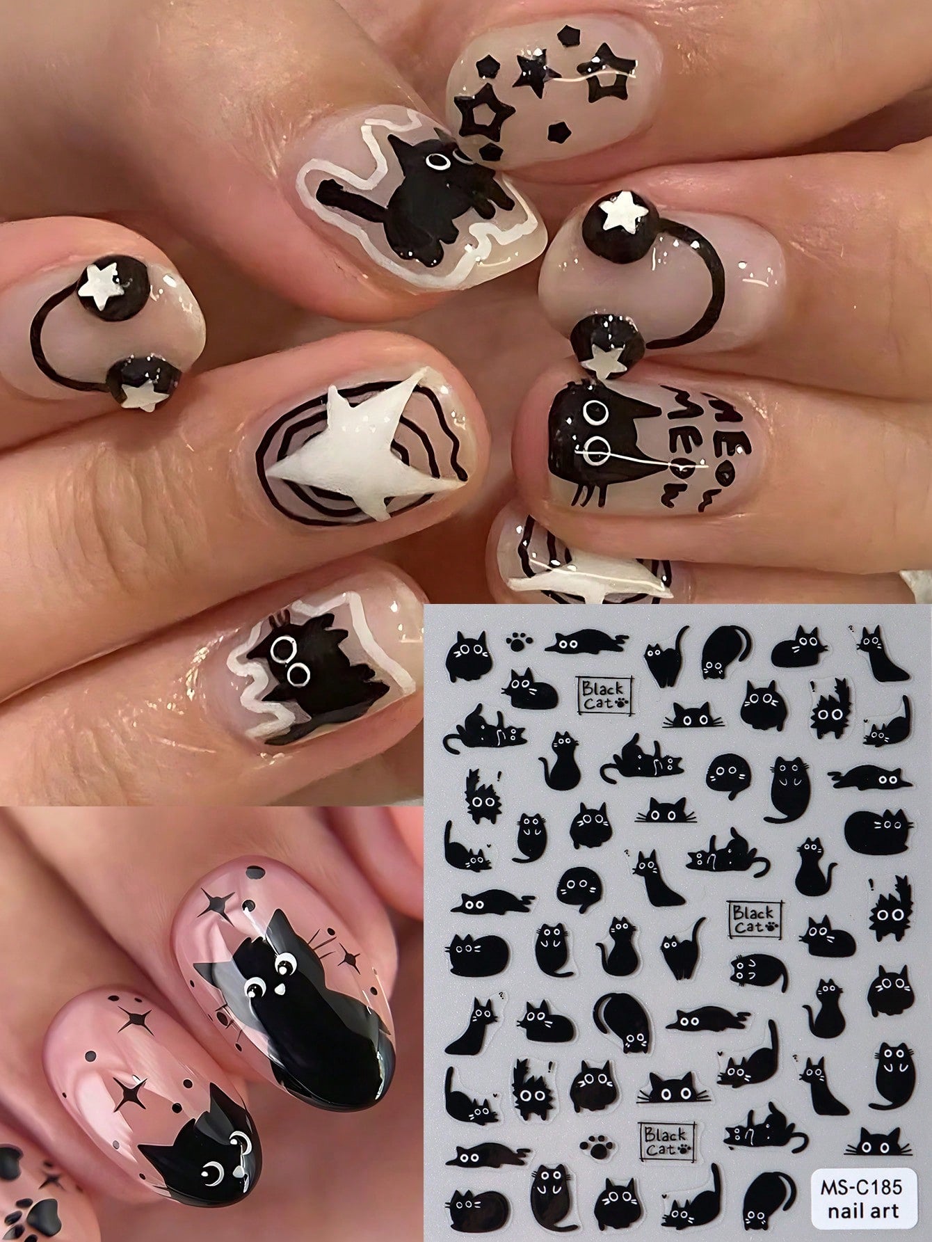 FULL BEAUTY 2pcs Cute Black Cat Nail Stickers 3D Cartoon Animal Self-Adhesive Nail Art Decals Sliders Decorations Manicure Accessories DIY