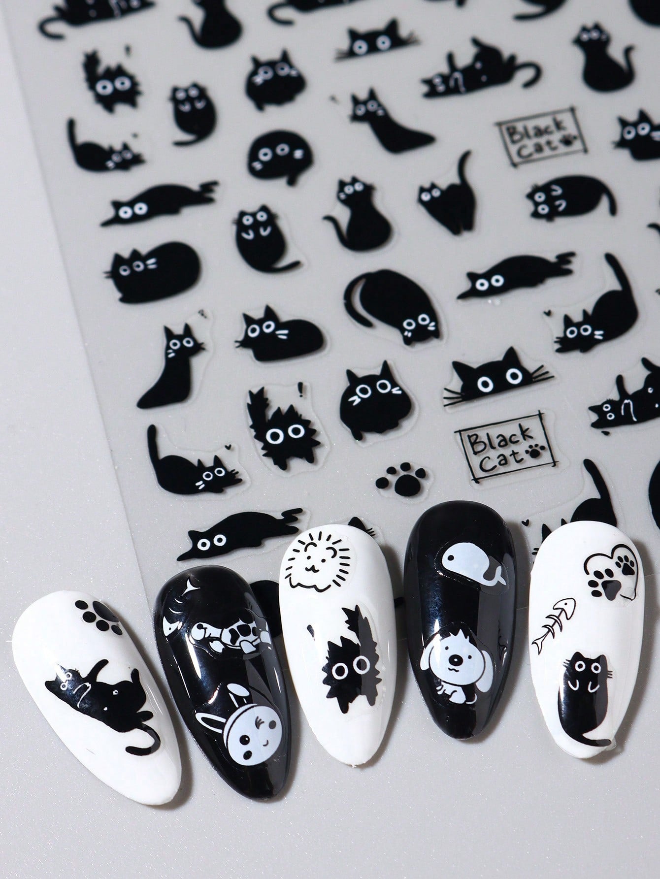 FULL BEAUTY 2pcs Cute Black Cat Nail Stickers 3D Cartoon Animal Self-Adhesive Nail Art Decals Sliders Decorations Manicure Accessories DIY