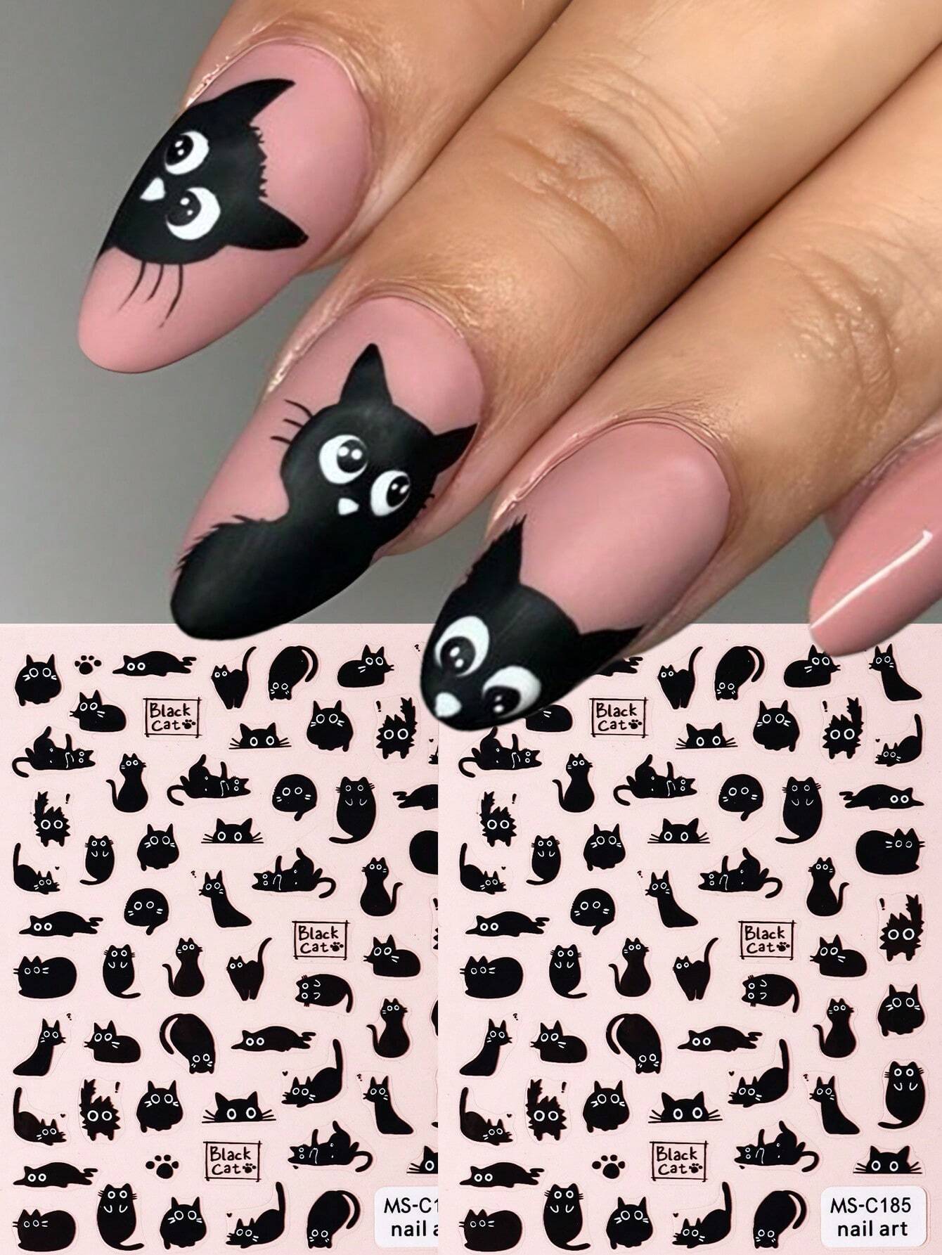 FULL BEAUTY 2pcs Cute Black Cat Nail Stickers 3D Cartoon Animal Self-Adhesive Nail Art Decals Sliders Decorations Manicure Accessories DIY