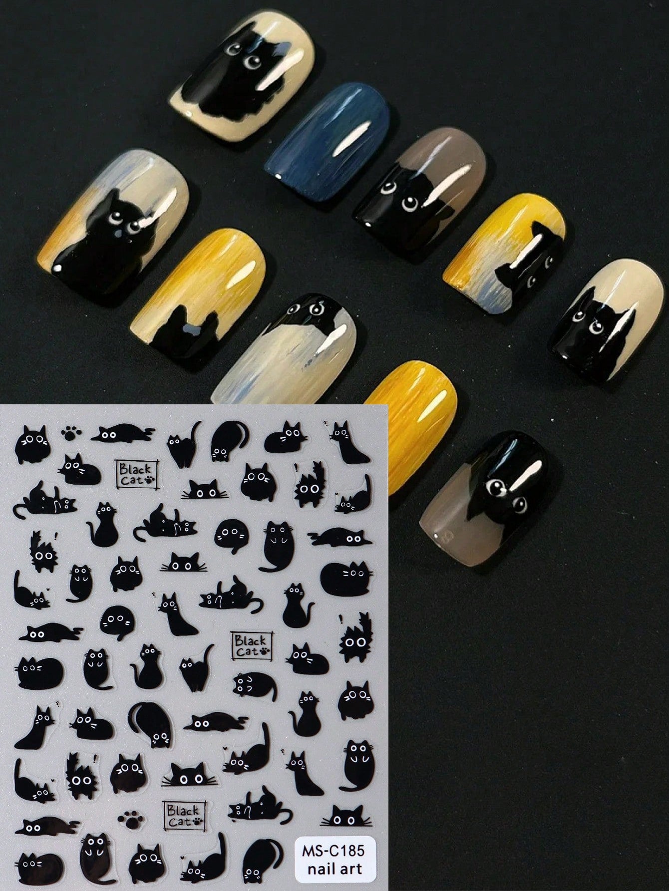 FULL BEAUTY 2pcs Cute Black Cat Nail Stickers 3D Cartoon Animal Self-Adhesive Nail Art Decals Sliders Decorations Manicure Accessories DIY