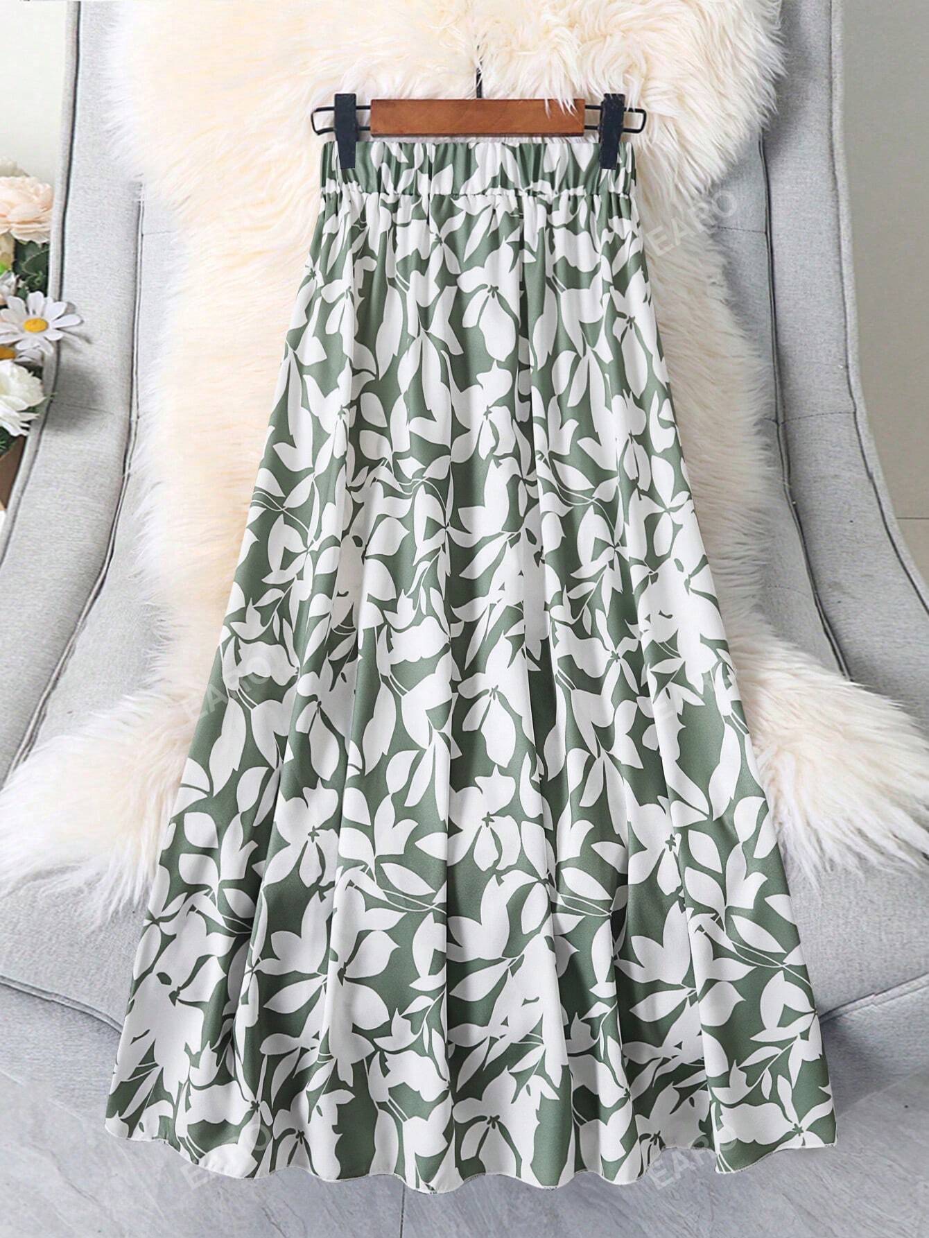 Women's Casual Long Skirt With All-Over Plant Print For Spring/Summer