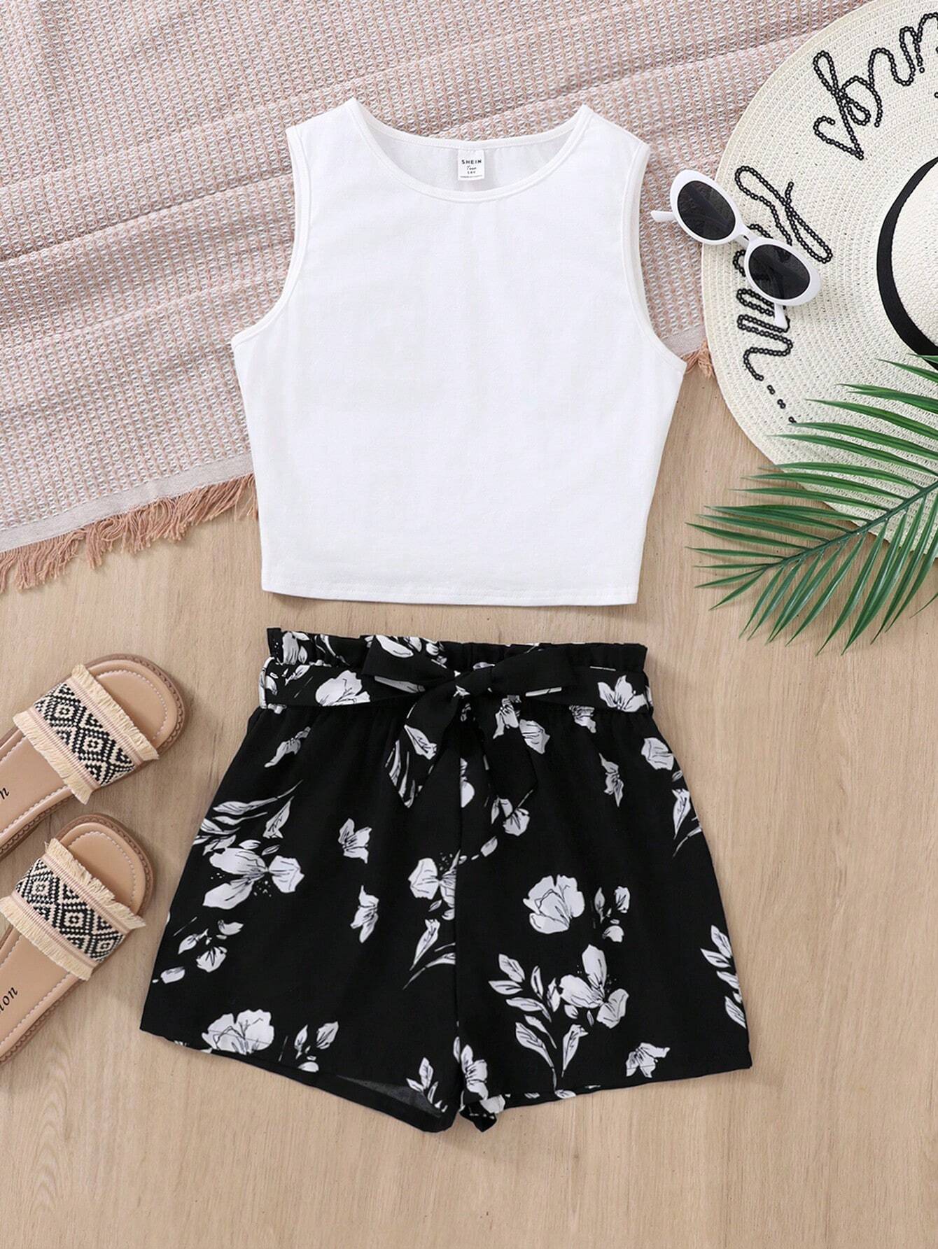 Teen Girl Basic Camisole Top With Ruffle Hem & Floral Print Shorts Set With Tie Belt