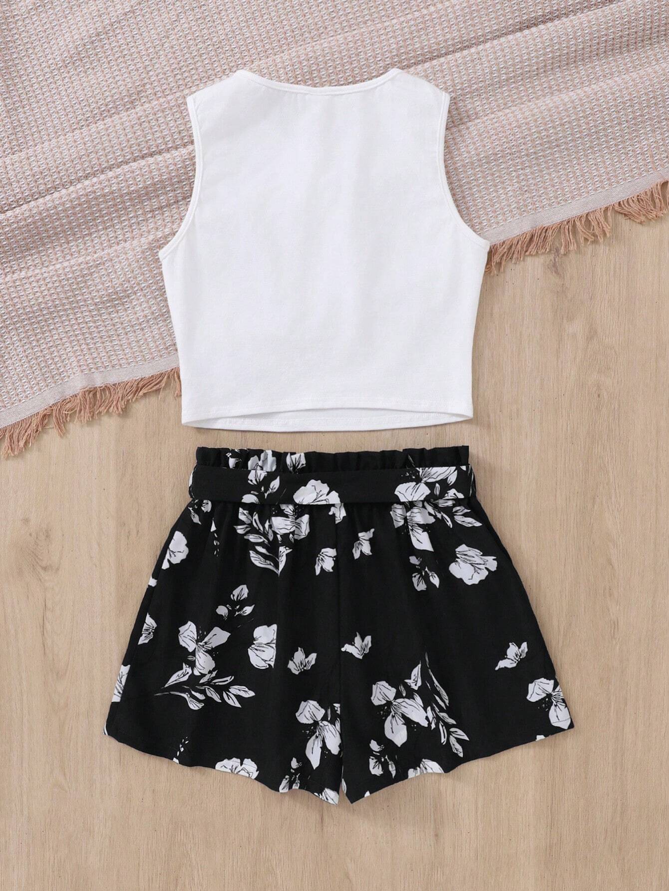 Teen Girl Basic Camisole Top With Ruffle Hem & Floral Print Shorts Set With Tie Belt