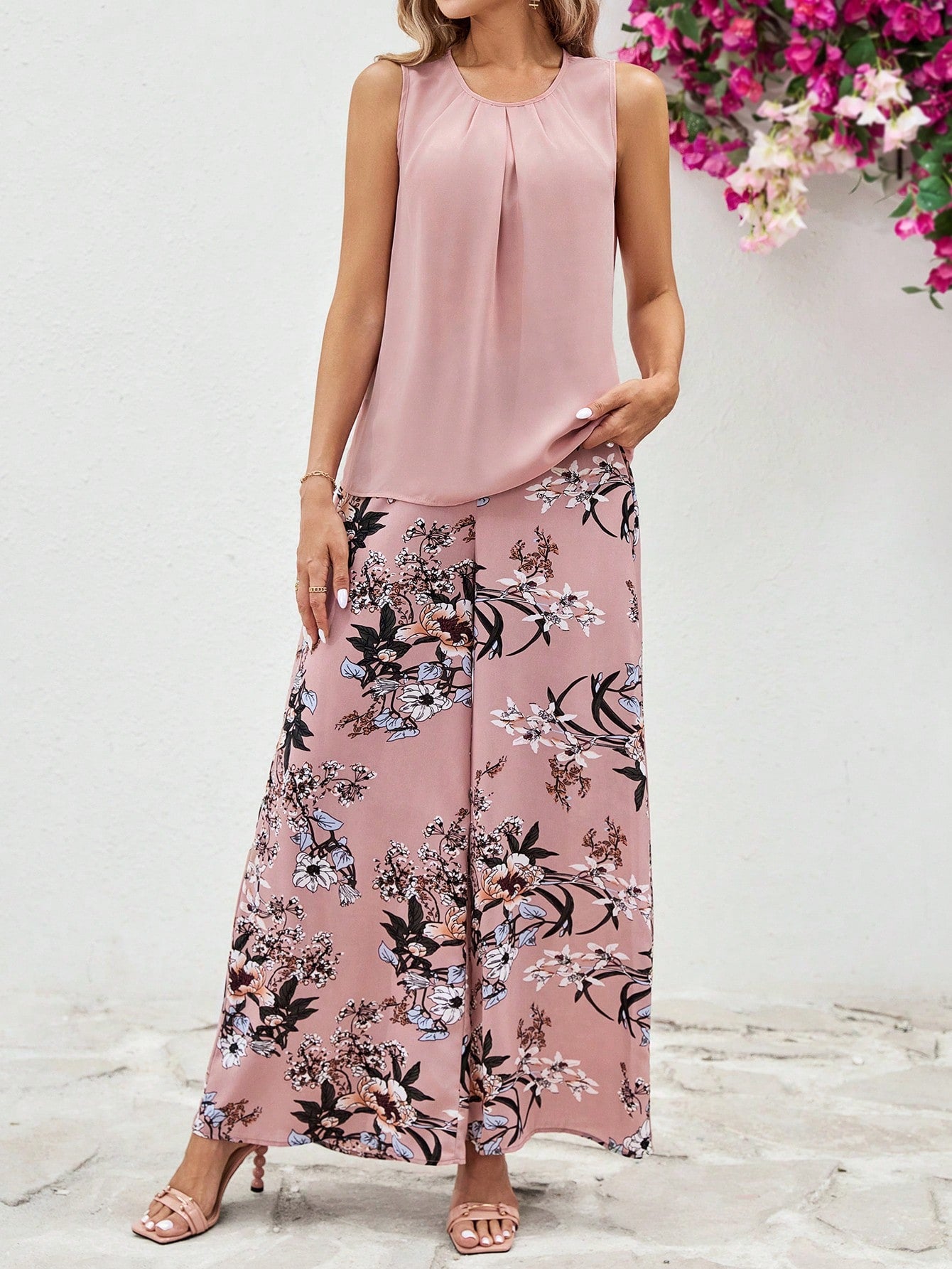 SHEIN Clasi Elegant Women's Pink Chiffon Solid Color Top And Flower Wide Leg Pants Set