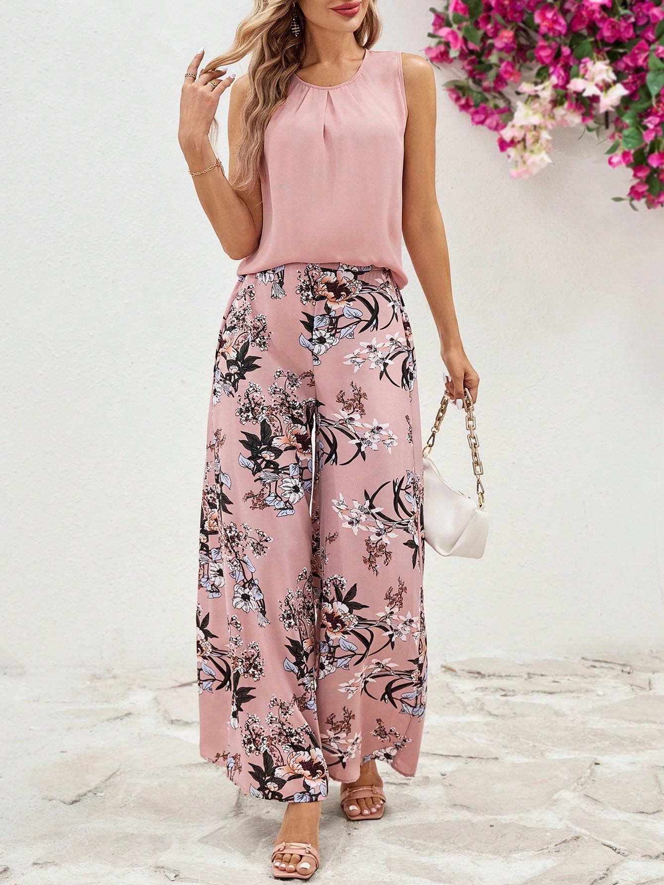 SHEIN Clasi Elegant Women's Pink Chiffon Solid Color Top And Flower Wide Leg Pants Set