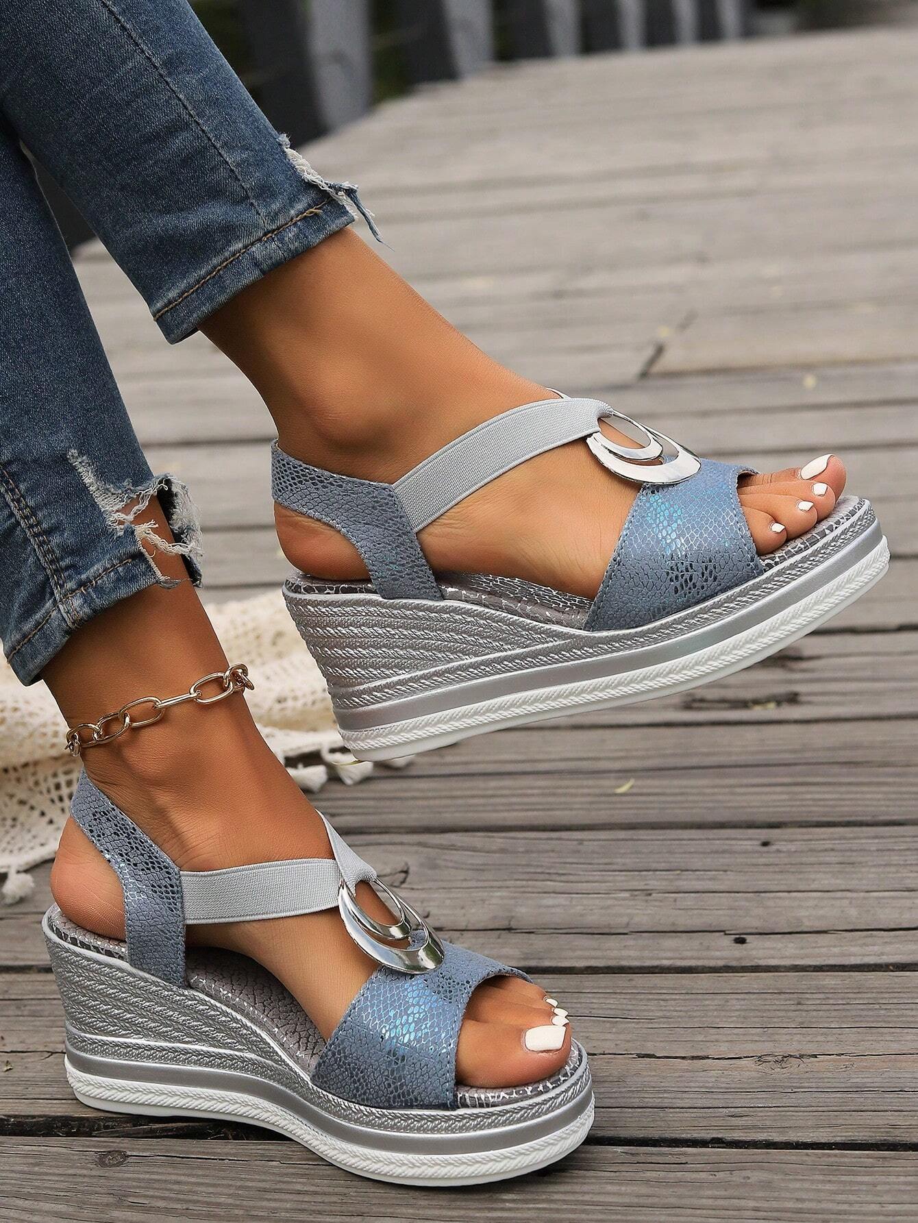 New Summer Casual Wedge Heel Platform Sandals With Metal Buckle Decoration, Lightweight Sole, Peep Toe, Flexible Strap