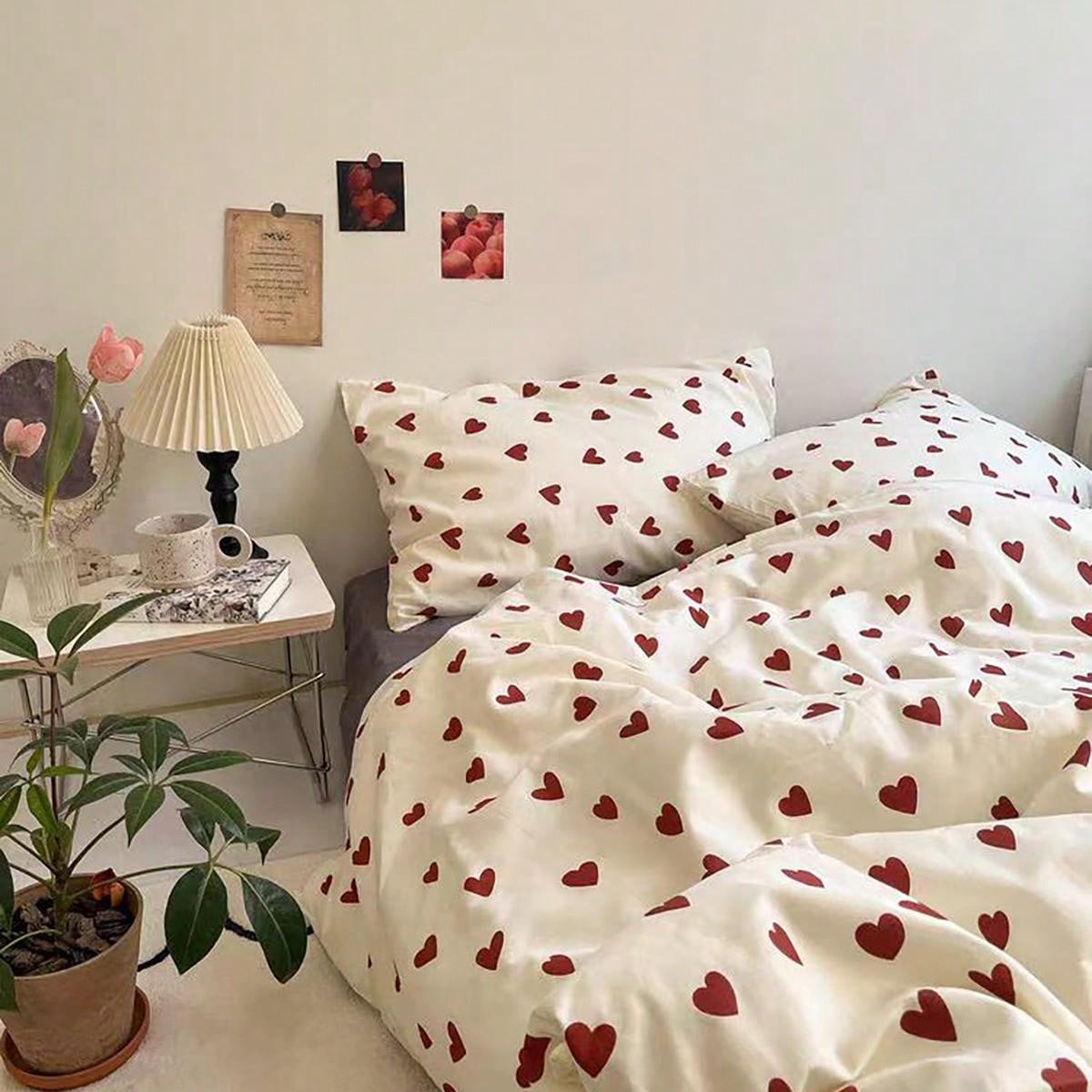 3pcs Heart Print Bedding Set, 2 Pillow Covers   1 Duvet Cover (Inserts Not Included)