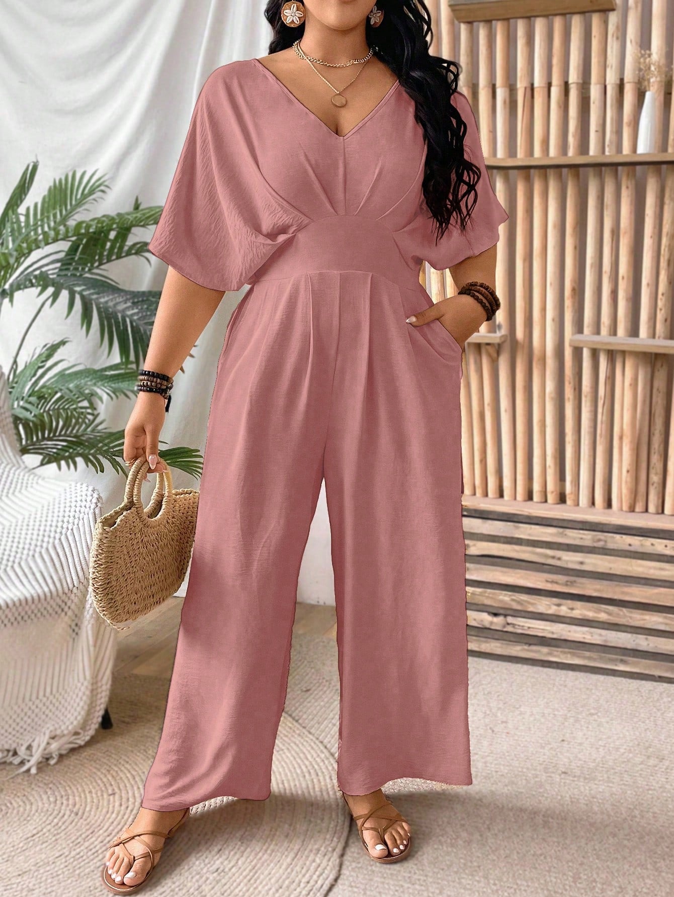 VCAY Plus Size Backless Short Sleeve Jumpsuit For Commuting