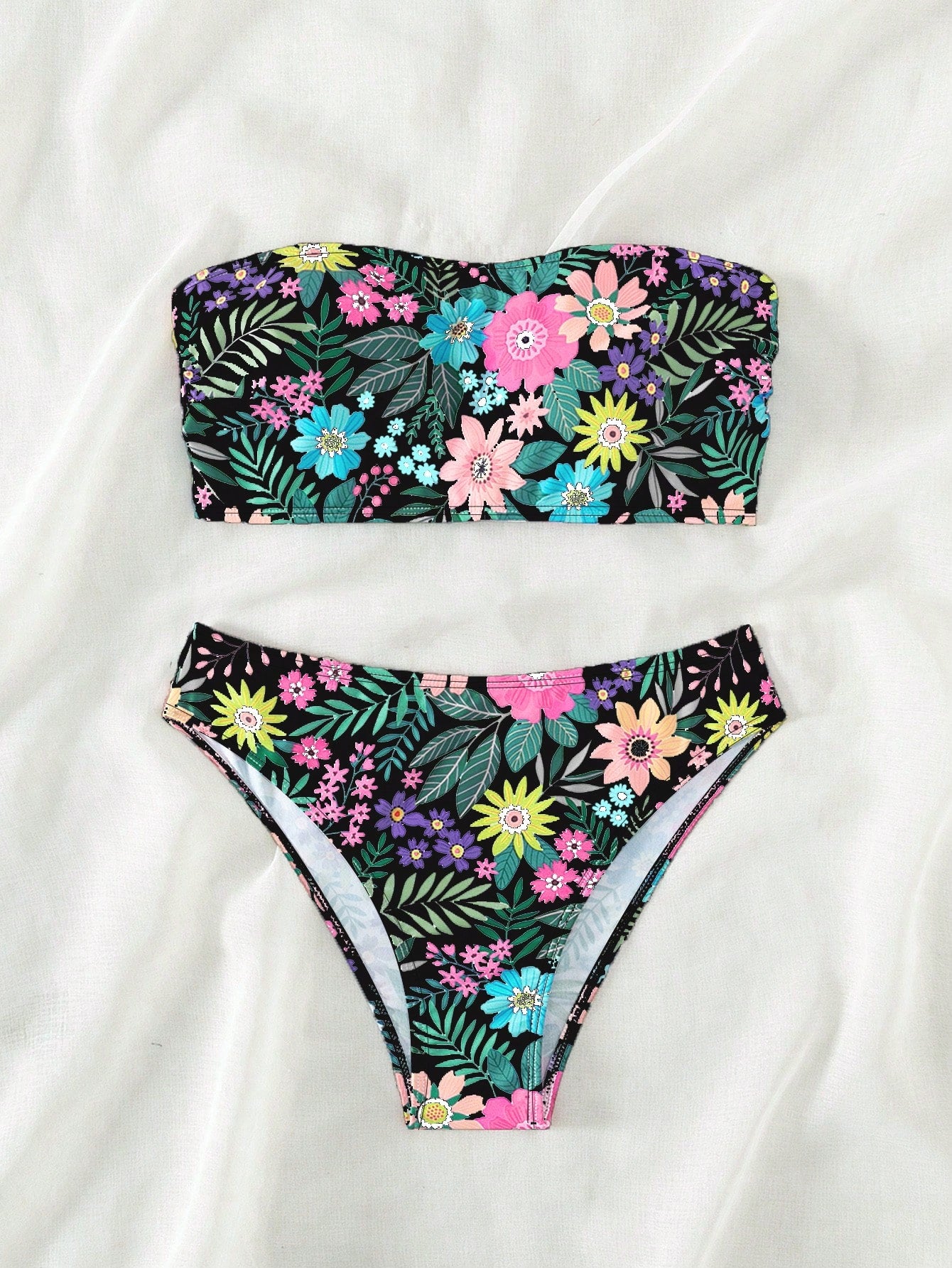 Swim Flower & Plant Printed Two Piece Bikini Set, Summer Beach