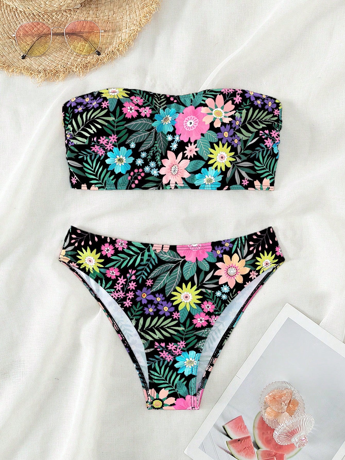 Swim Flower & Plant Printed Two Piece Bikini Set, Summer Beach