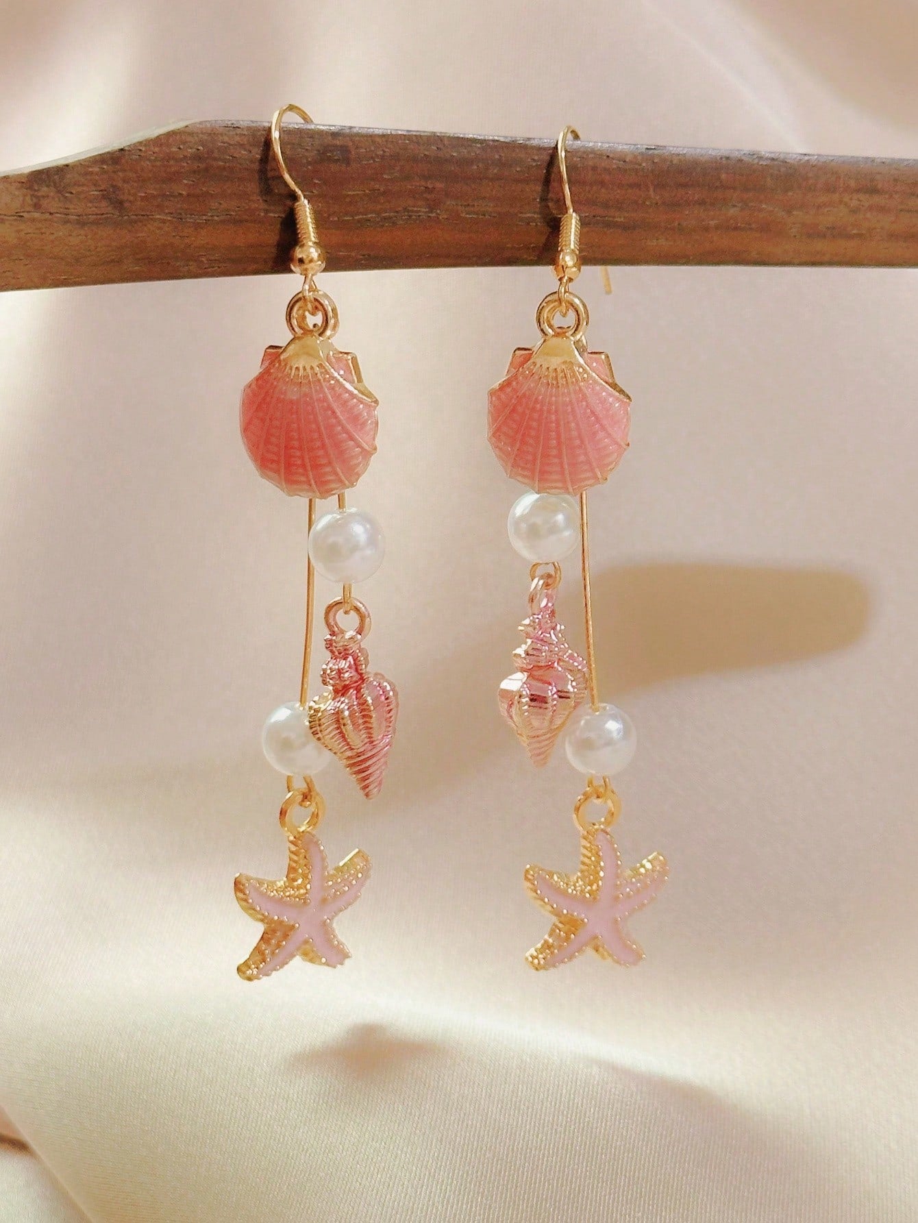 1pair Beach Vacation Style Faux Pearl Shell Conch Decor Dangle Earrings For Teenage Girls, Pink, Summer