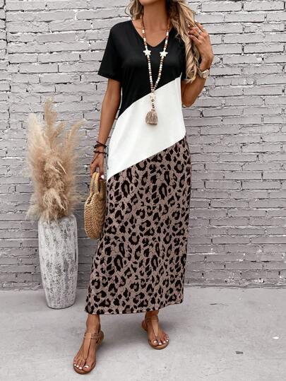 EMERY ROSE Leopard Print Colorblock Long Summer Tee Dress With Seelves