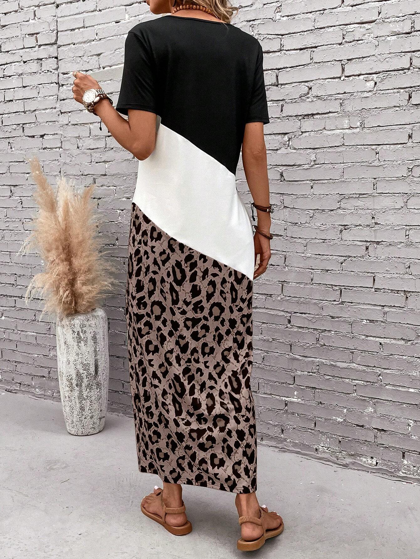 EMERY ROSE Leopard Print Colorblock Long Summer Tee Dress With Seelves