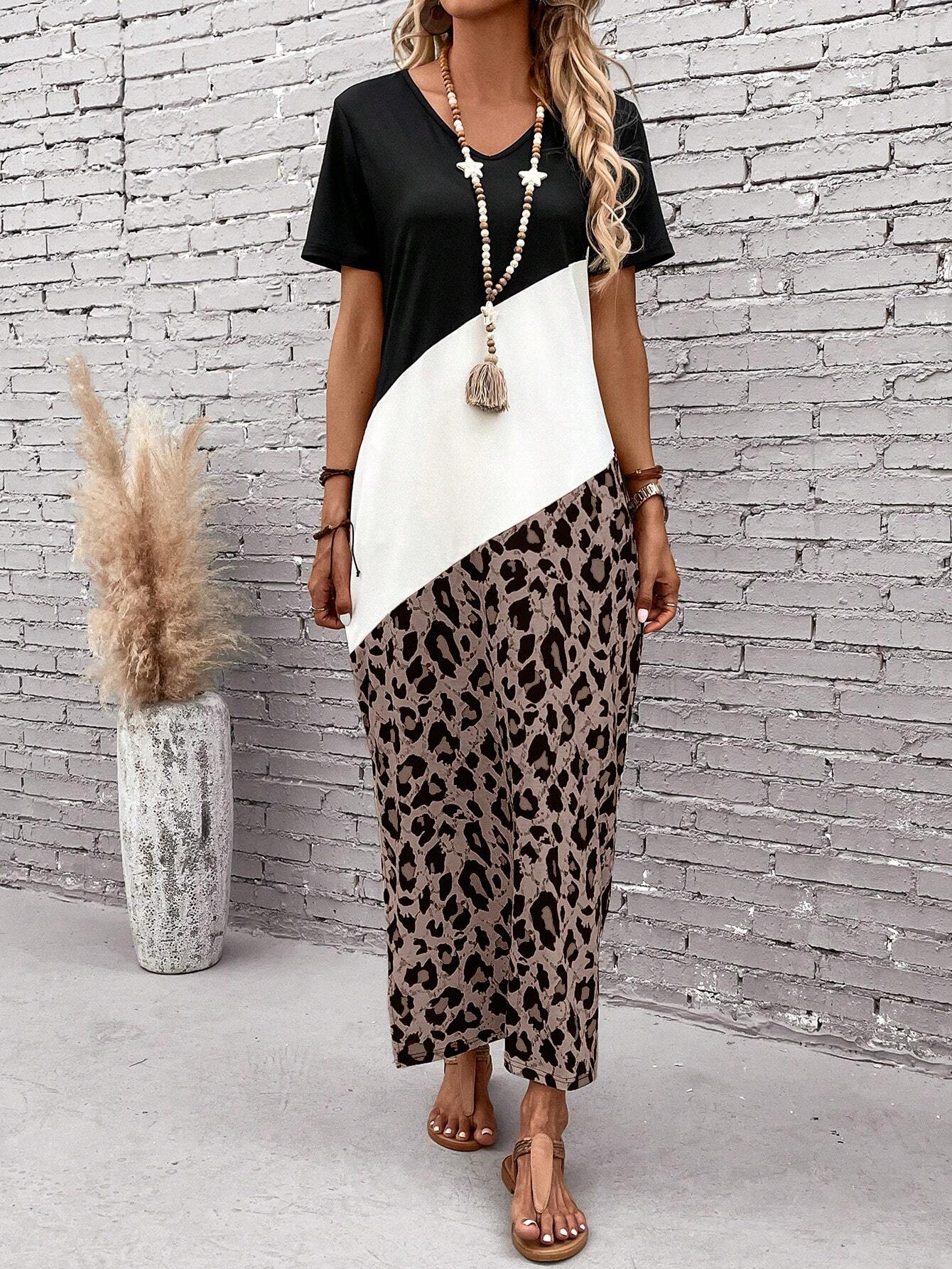 EMERY ROSE Leopard Print Colorblock Long Summer Tee Dress With Seelves