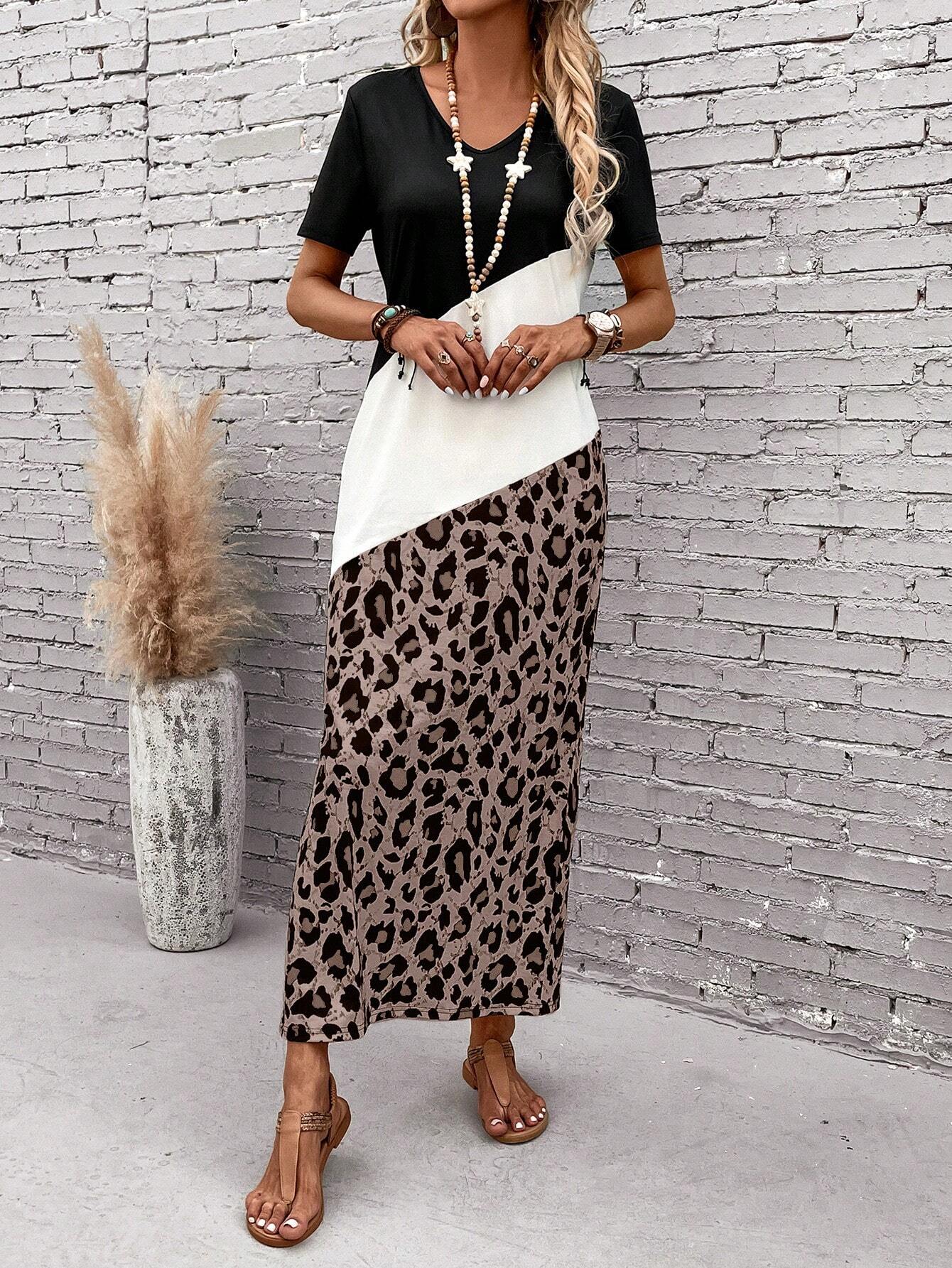 EMERY ROSE Leopard Print Colorblock Long Summer Tee Dress With Seelves