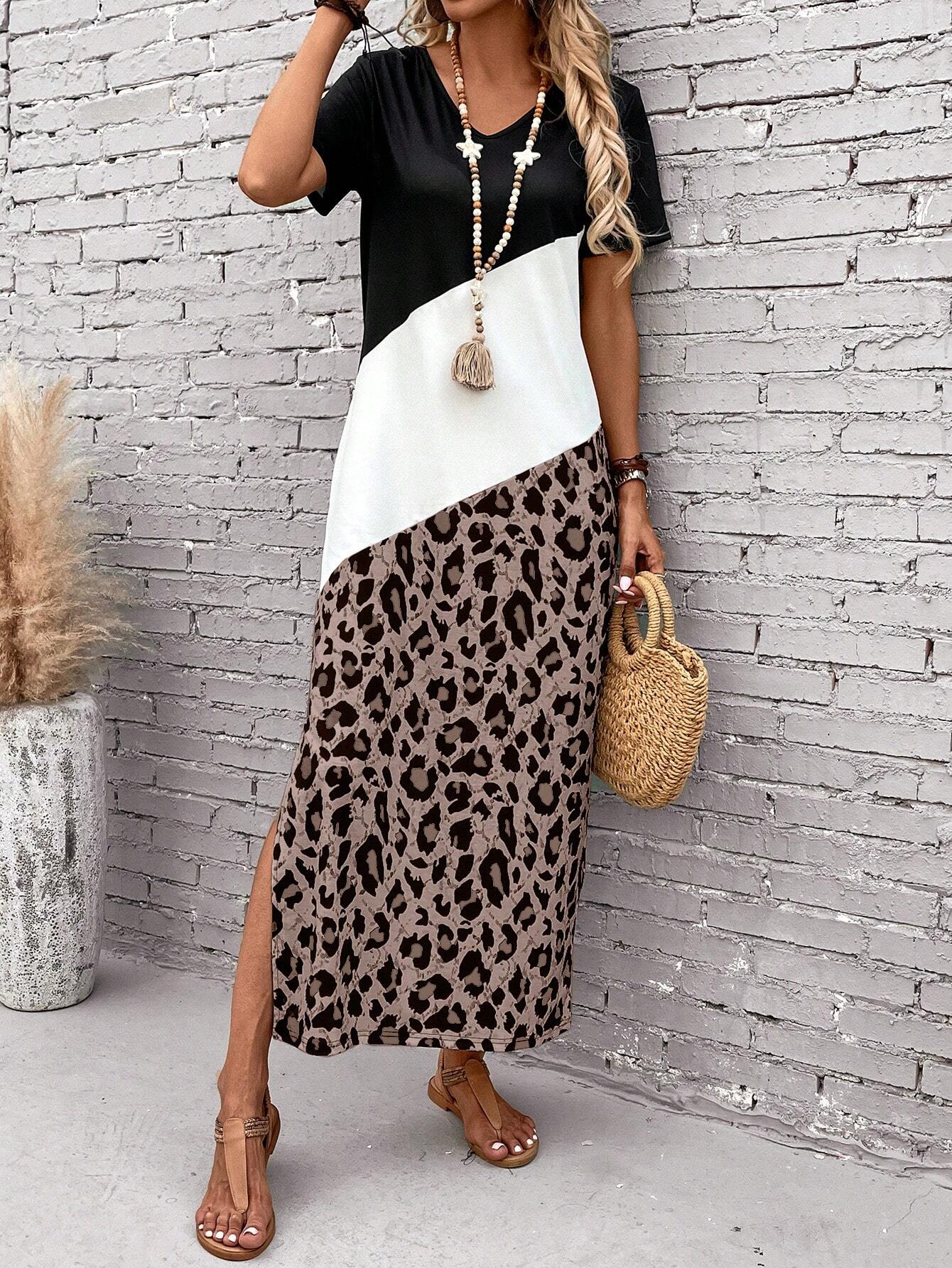 EMERY ROSE Leopard Print Colorblock Long Summer Tee Dress With Seelves