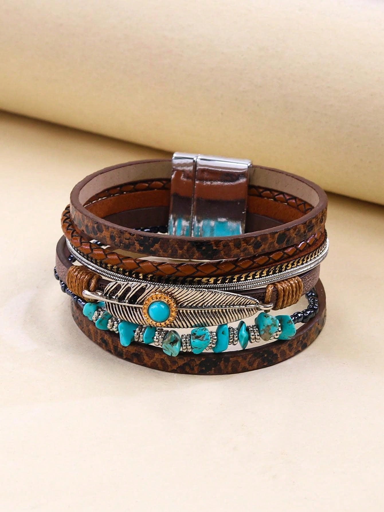 Feather Braided Leather Bracelet With Vintage Bohemian Green Turquoise Stone And Magnetic Clasp