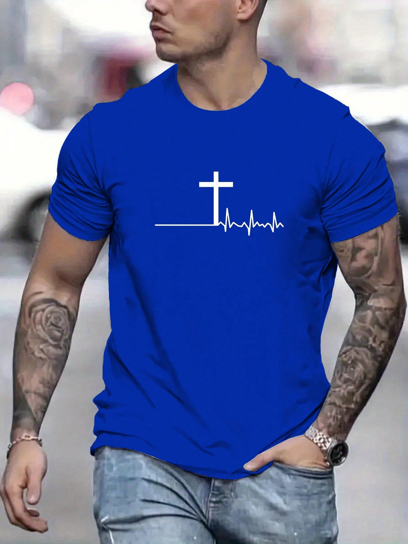 Manfinity Homme Men Summer Casual Short Sleeve T-Shirt With ECG And Cross Print