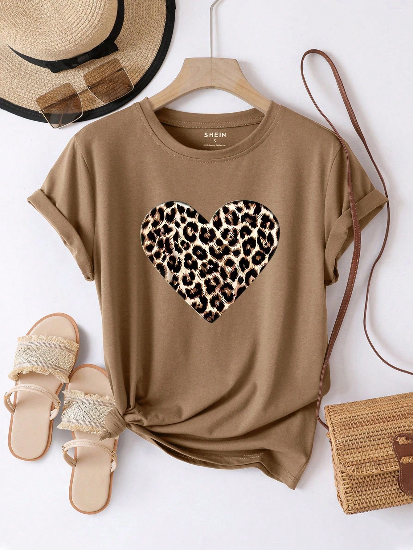 EZwear Women's Summer Heart Leopard Print Round Neck Short Sleeve Casual T-Shirt