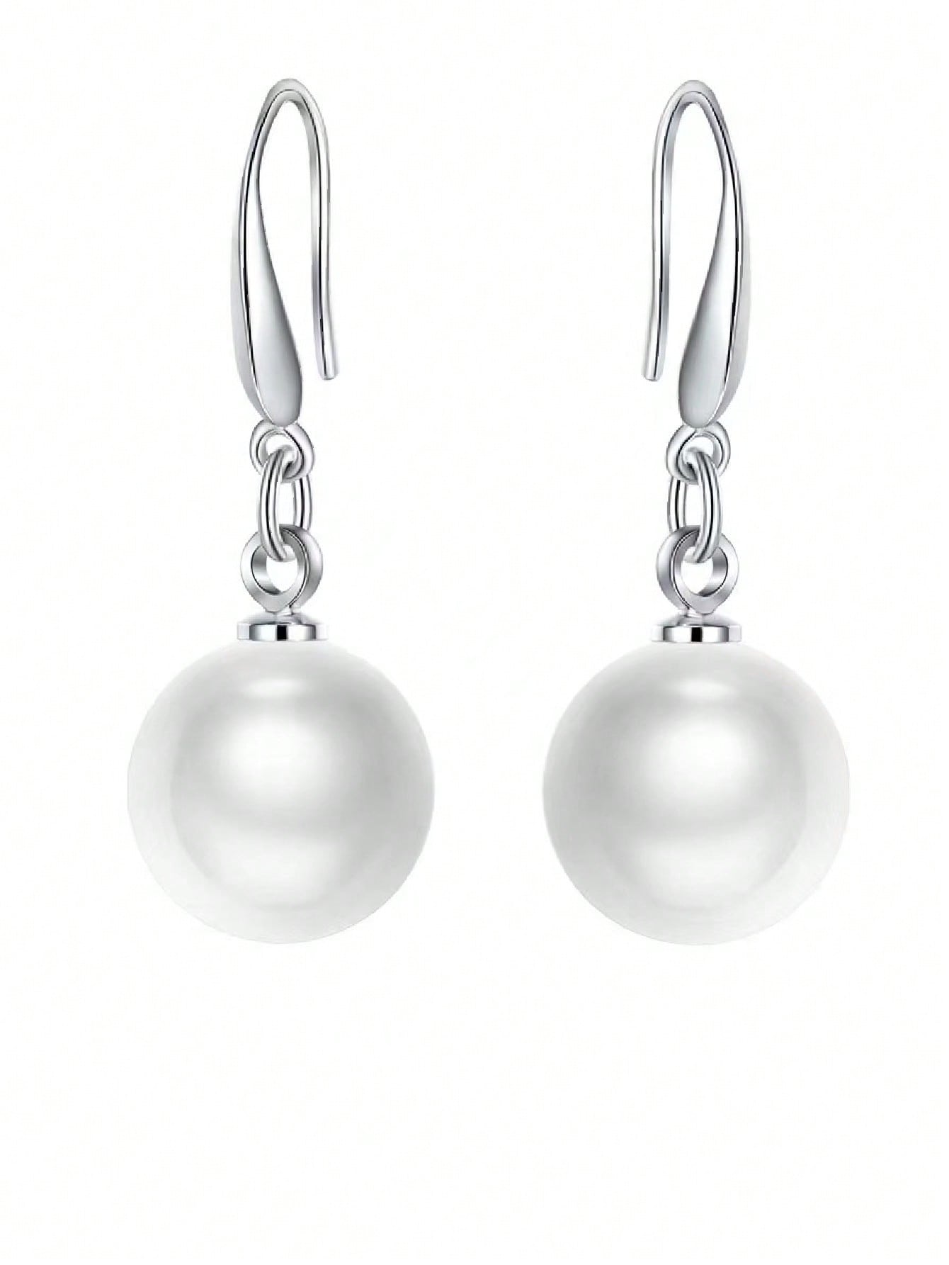 1pair 925 Sterling Silver 10mm Pearl Drop Earrings, Women's Jewelry Ear Hook Earrings