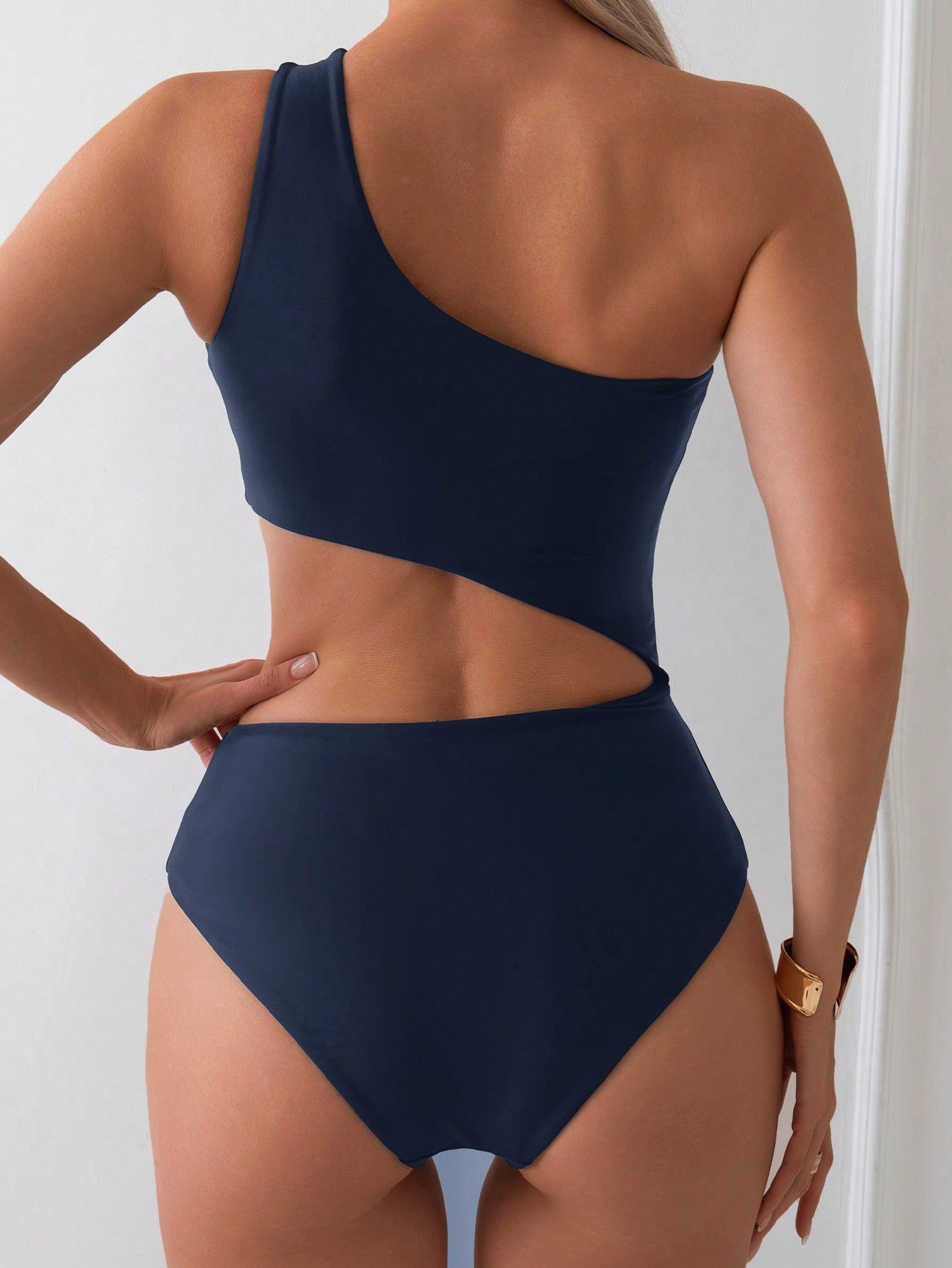 Swim Ladies' Solid Color Asymmetrical Neck Hollow Out One-Piece Swimsuit For Vacation,Summer Beach