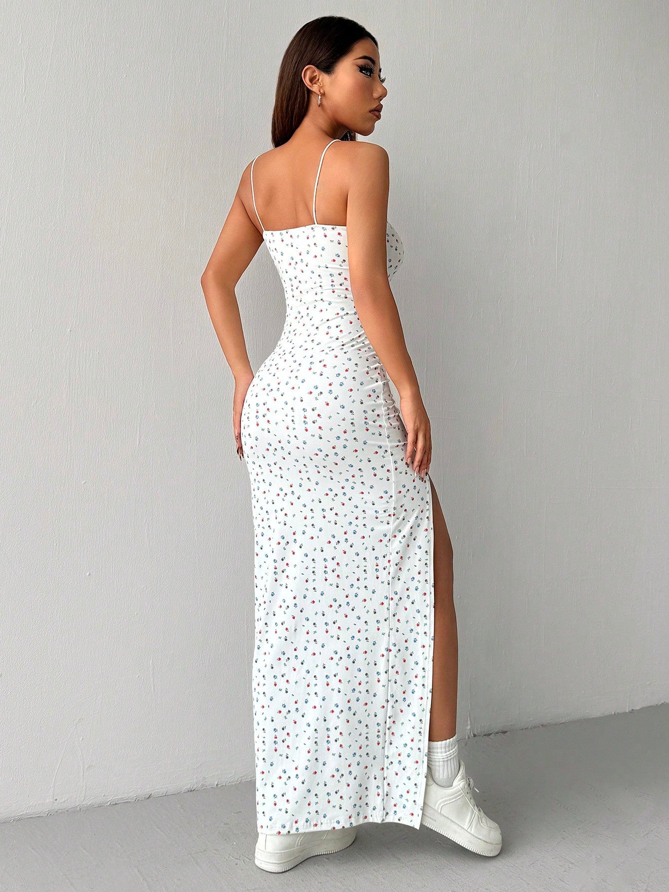 EZwear White Ditsy Floral High Side Split Long Cami Dress