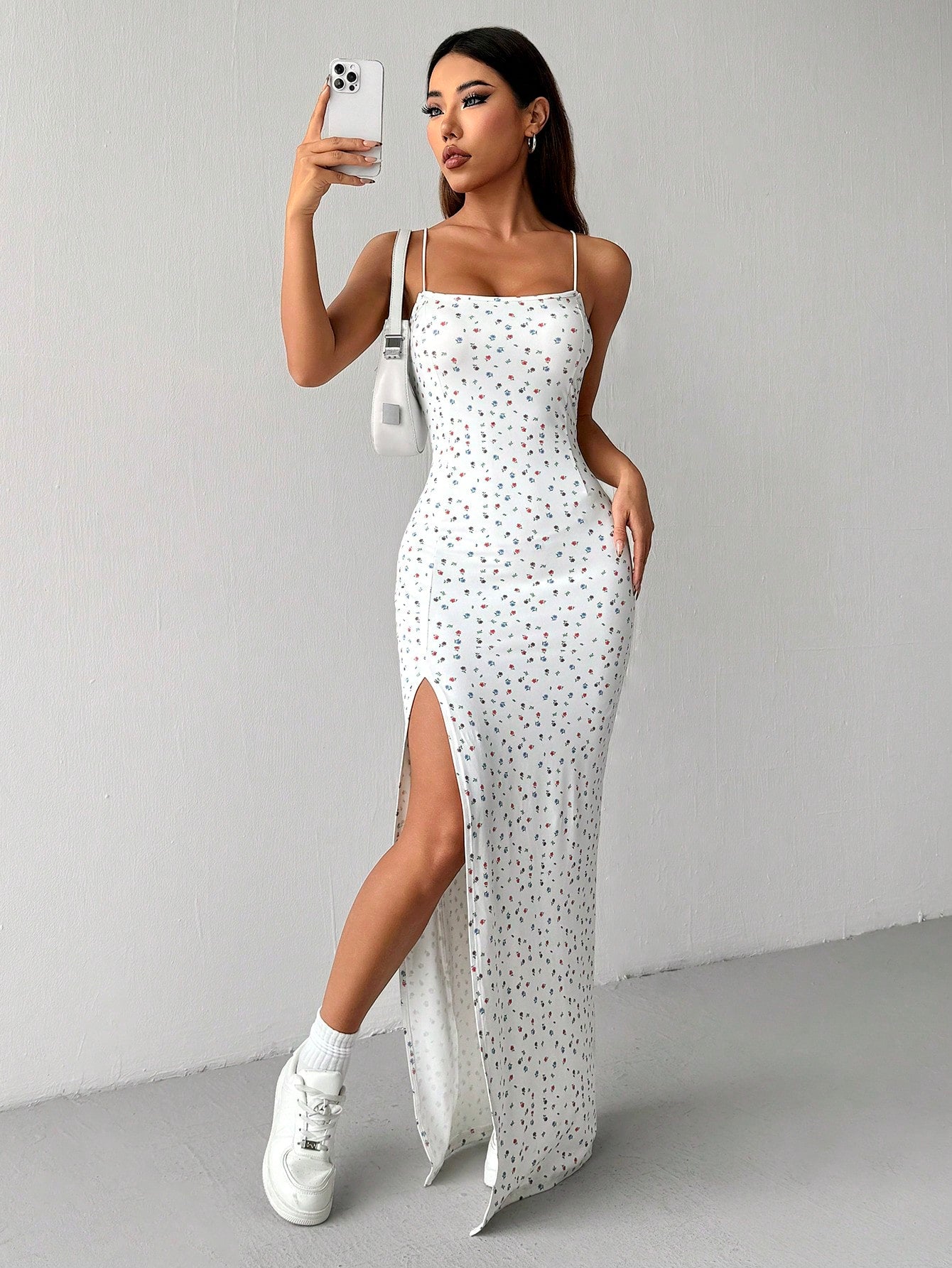 EZwear White Ditsy Floral High Side Split Long Cami Dress