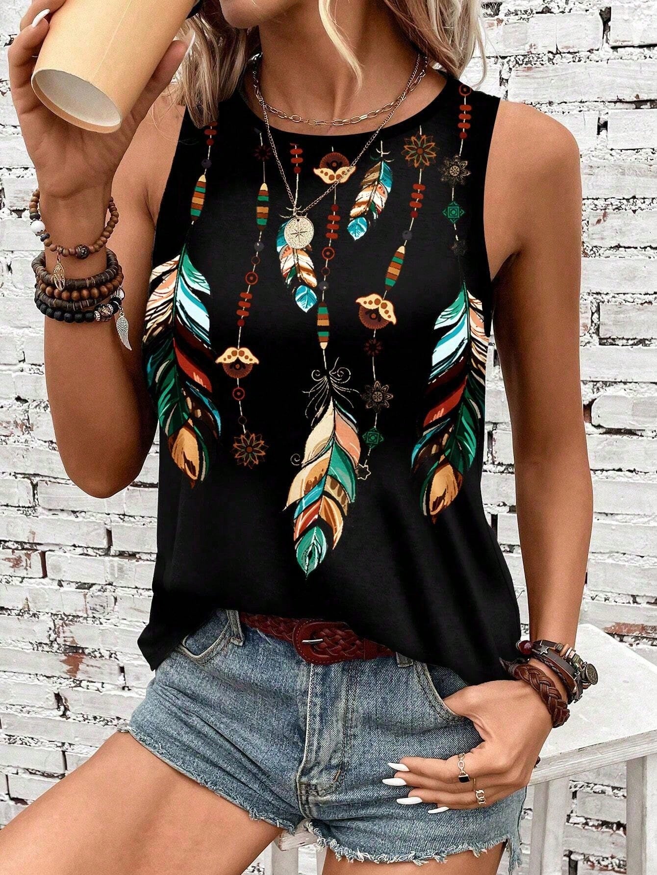 LUNE Feather Print Women's Casual Tank Top