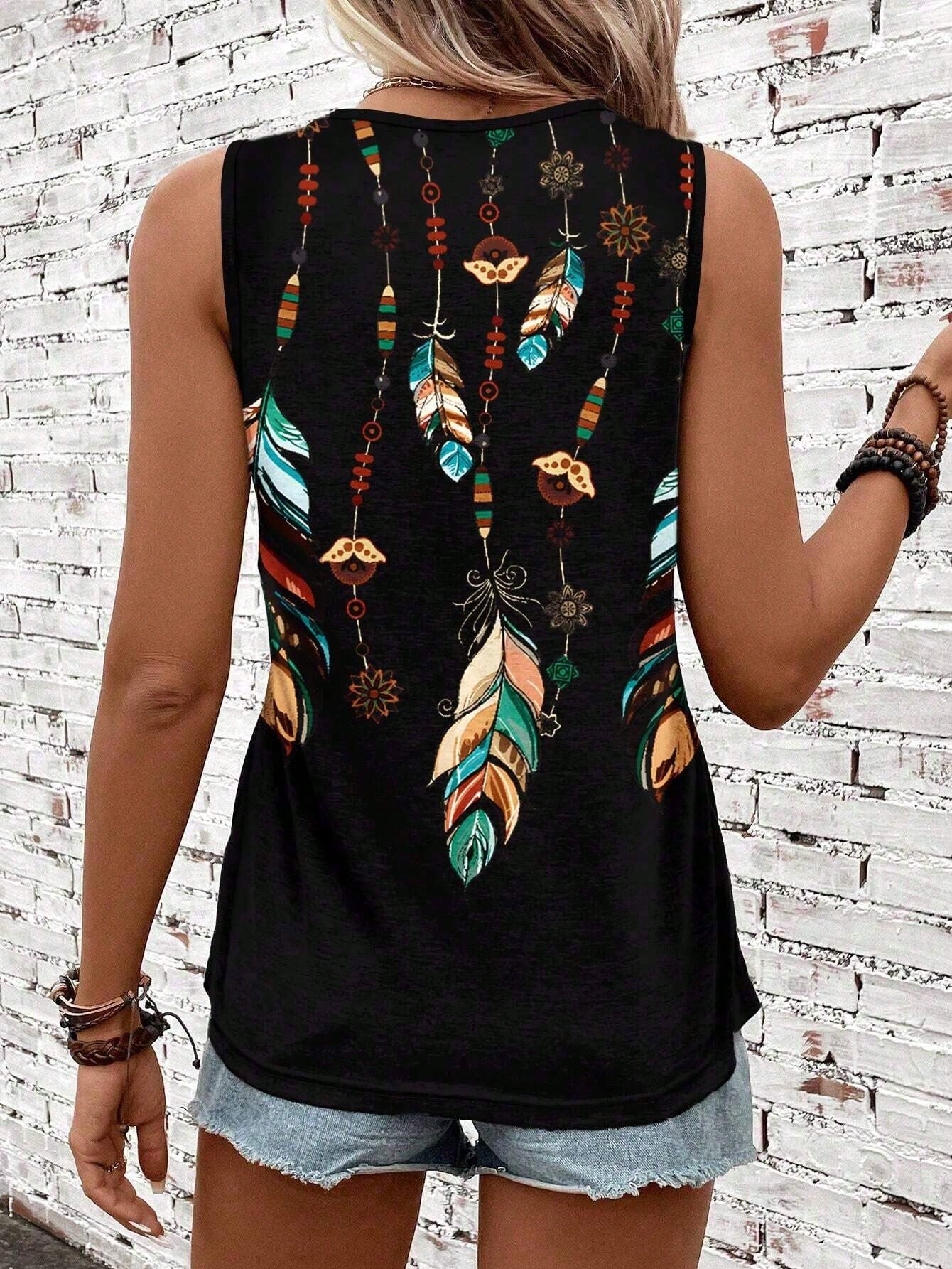 LUNE Feather Print Women's Casual Tank Top