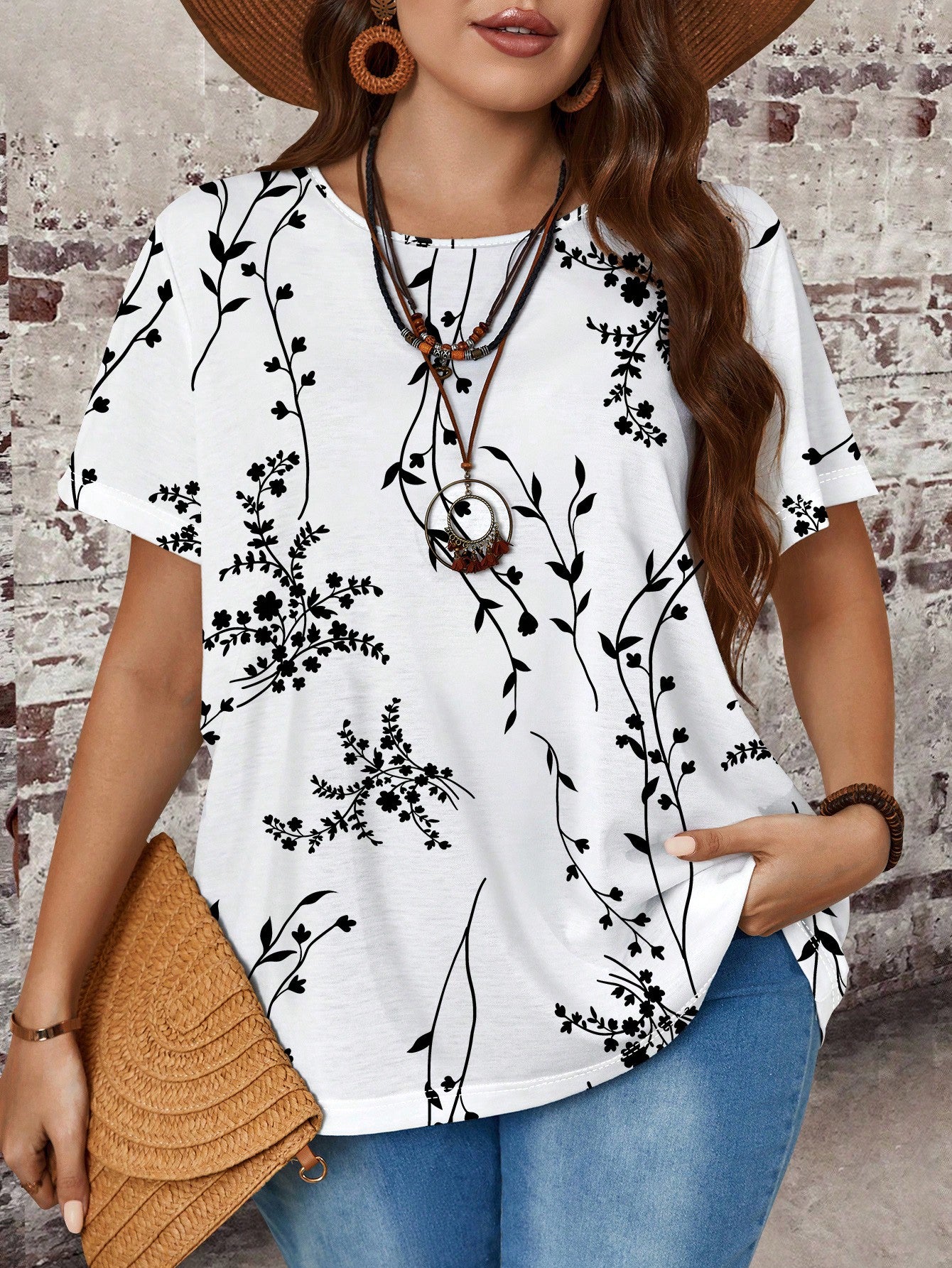 EMERY ROSE Summer Casual Round Neck Floral Print Plus Size T-Shirt For Women, Loose Fit