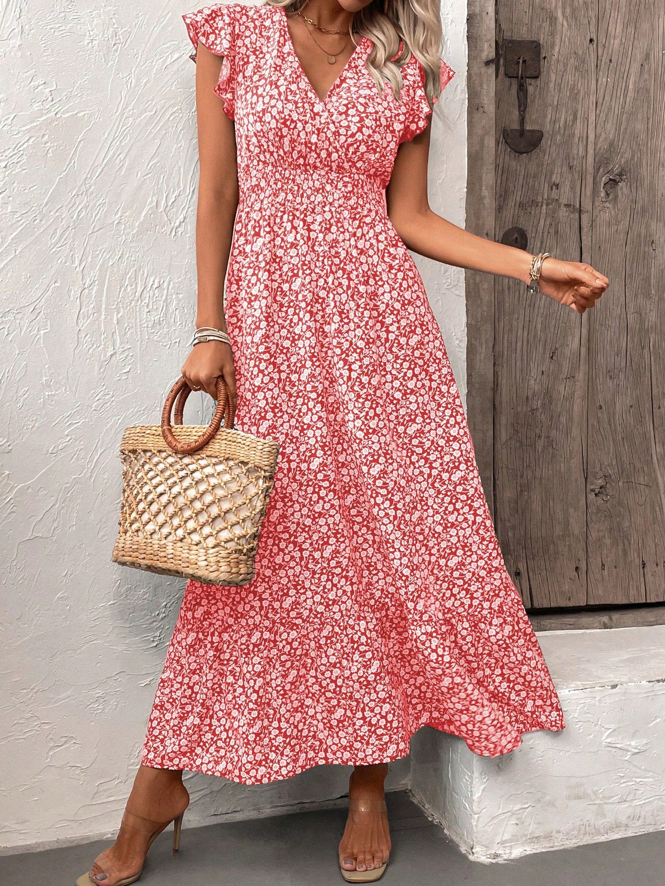 LUNE Floral Print V-Neck Ruffle Hem Dress