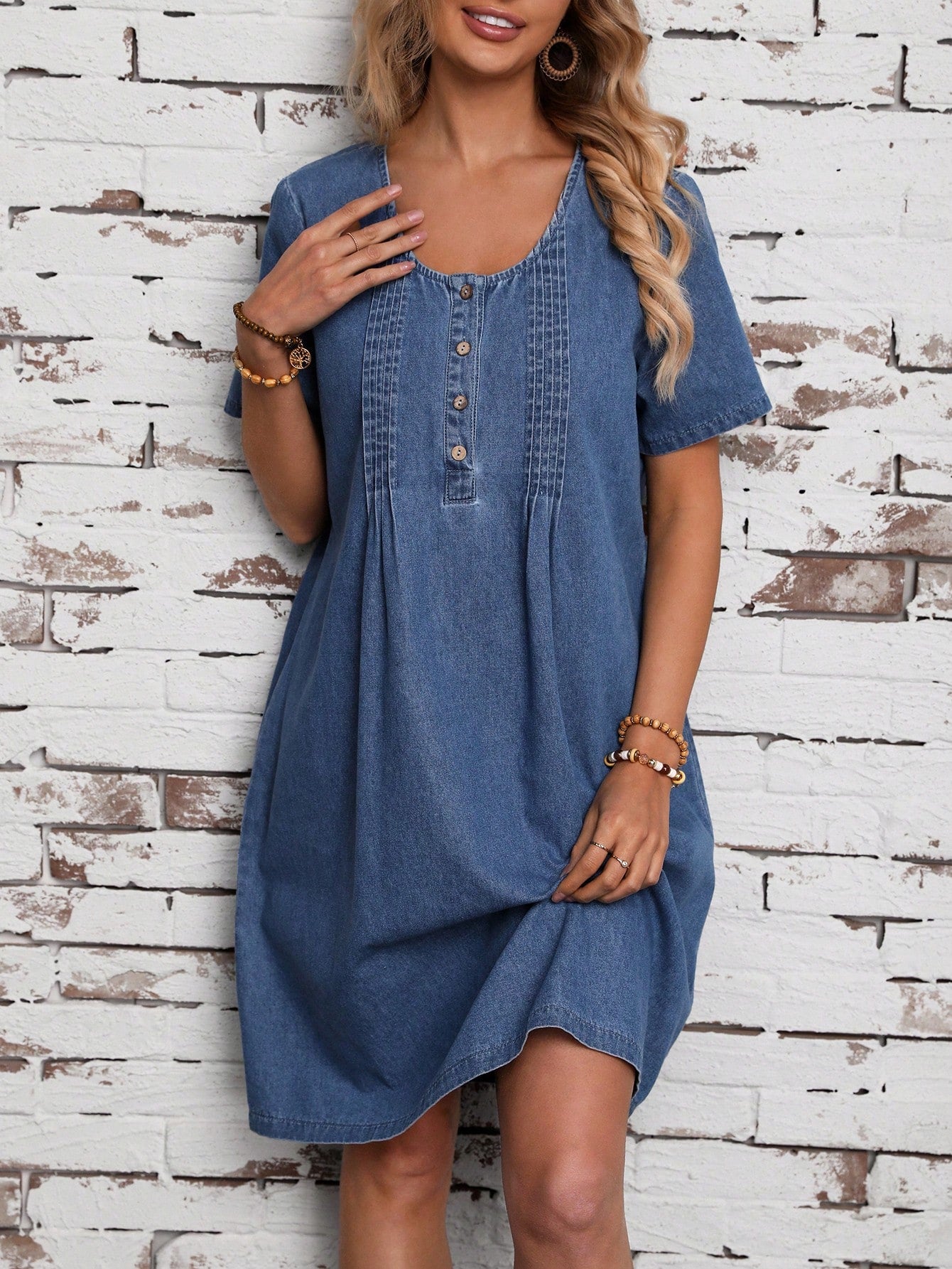 LUNE Women's Button Front Short Sleeve Denim Dress