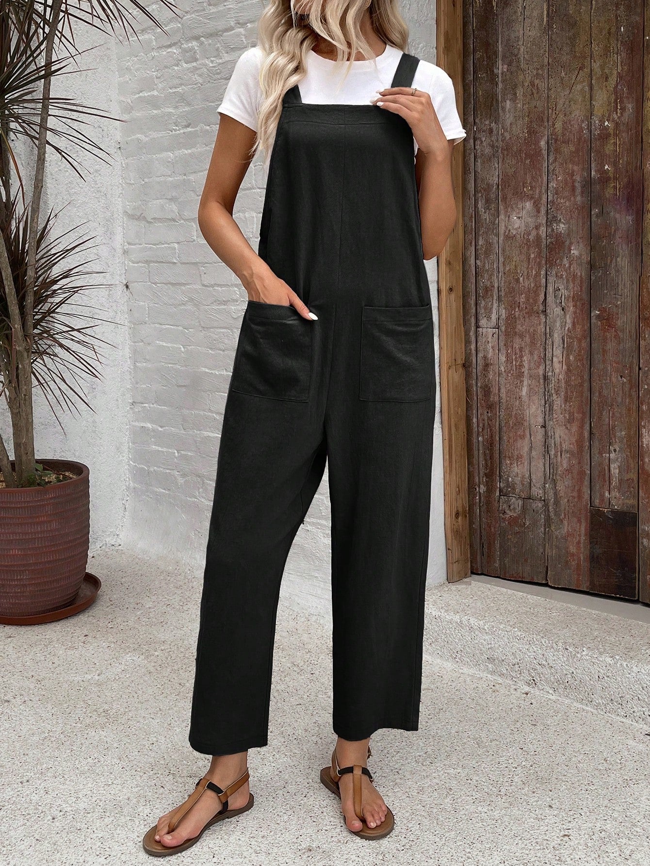 EMERY ROSE Women Minimalist Straight Leg Jumpsuit With Dual Pockets Women Overalls Korean Fashion