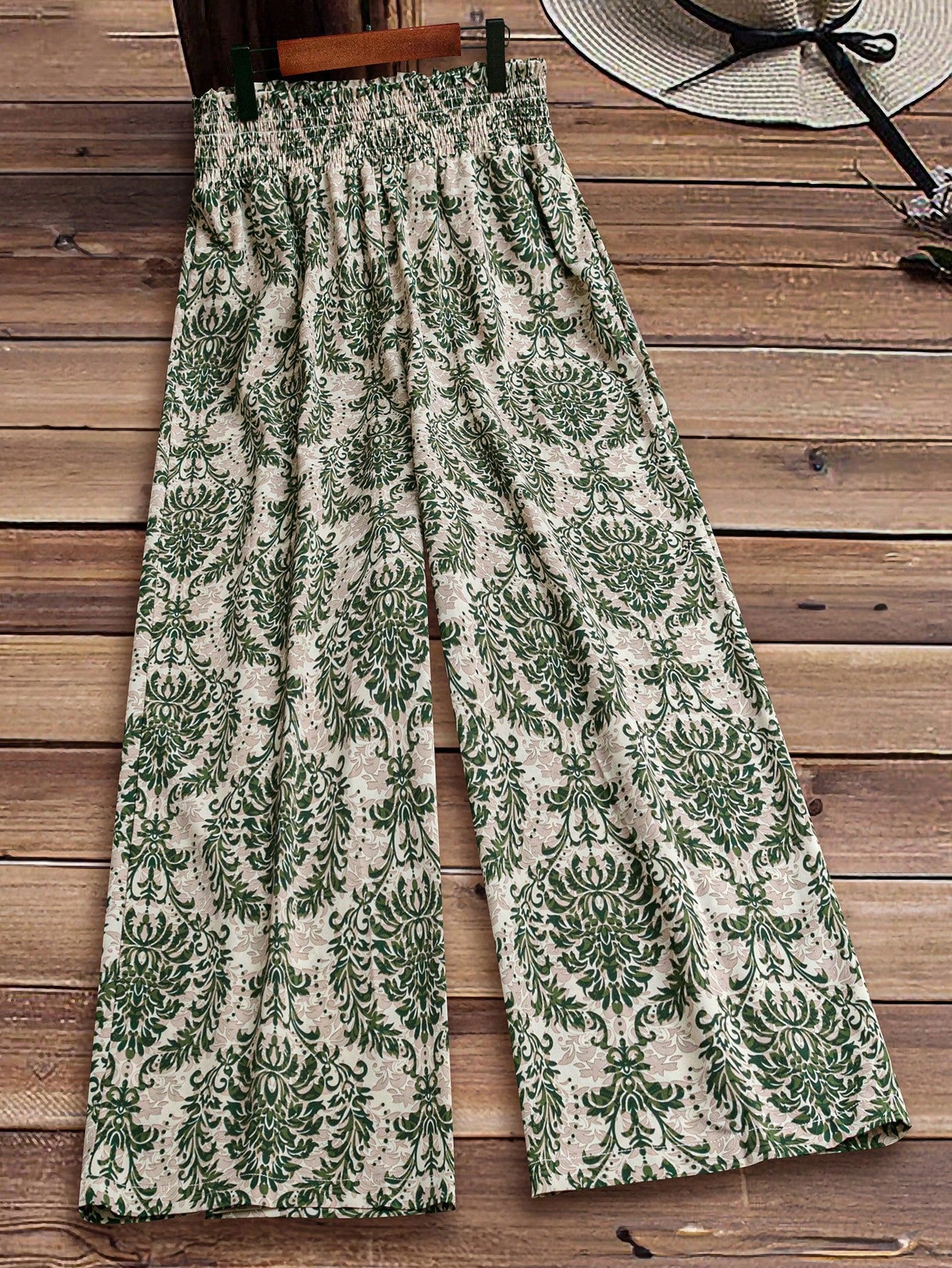 LUNE Plus Size Women's Vacation High Waisted Plant Printed Wide Leg Pants