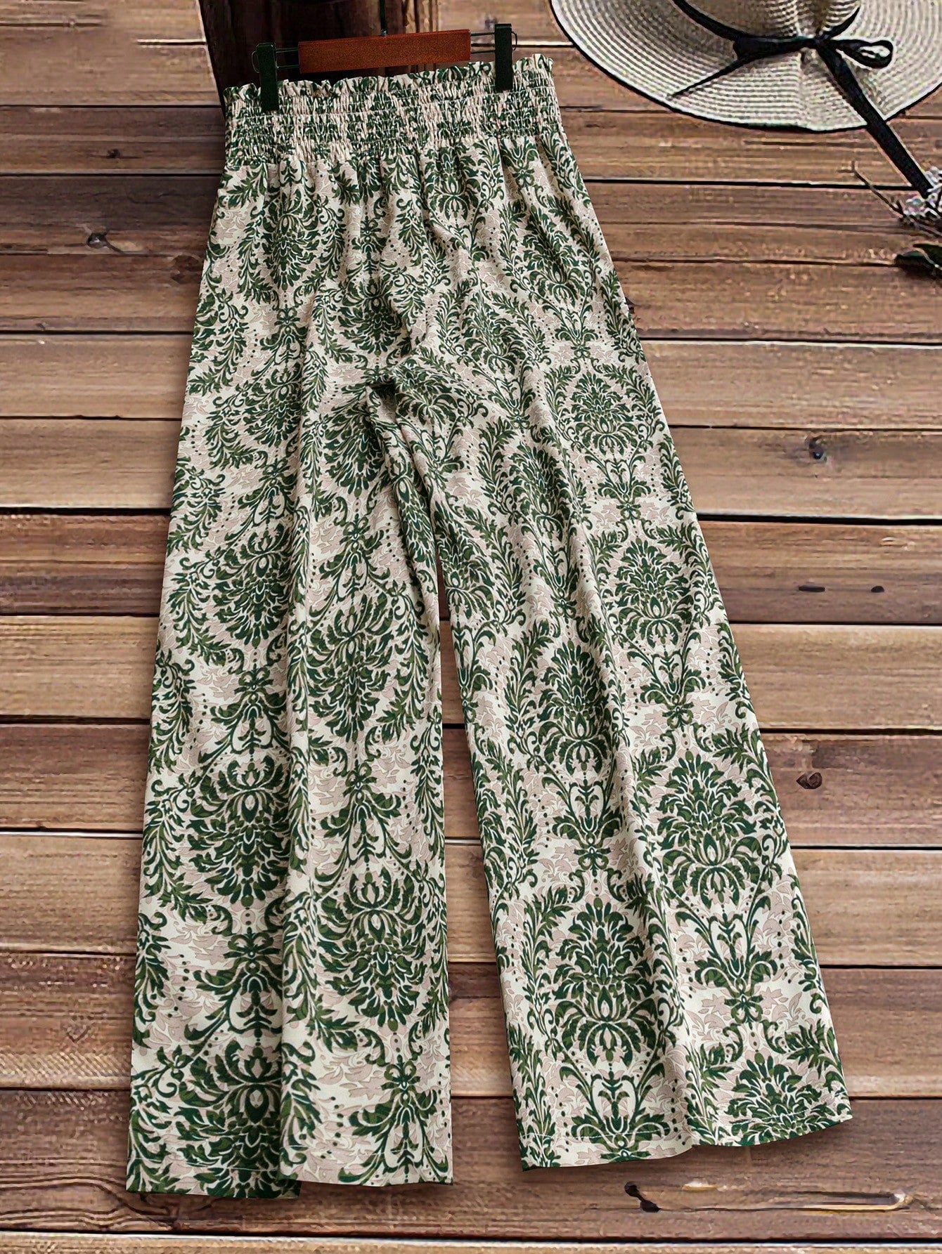 LUNE Plus Size Women's Vacation High Waisted Plant Printed Wide Leg Pants