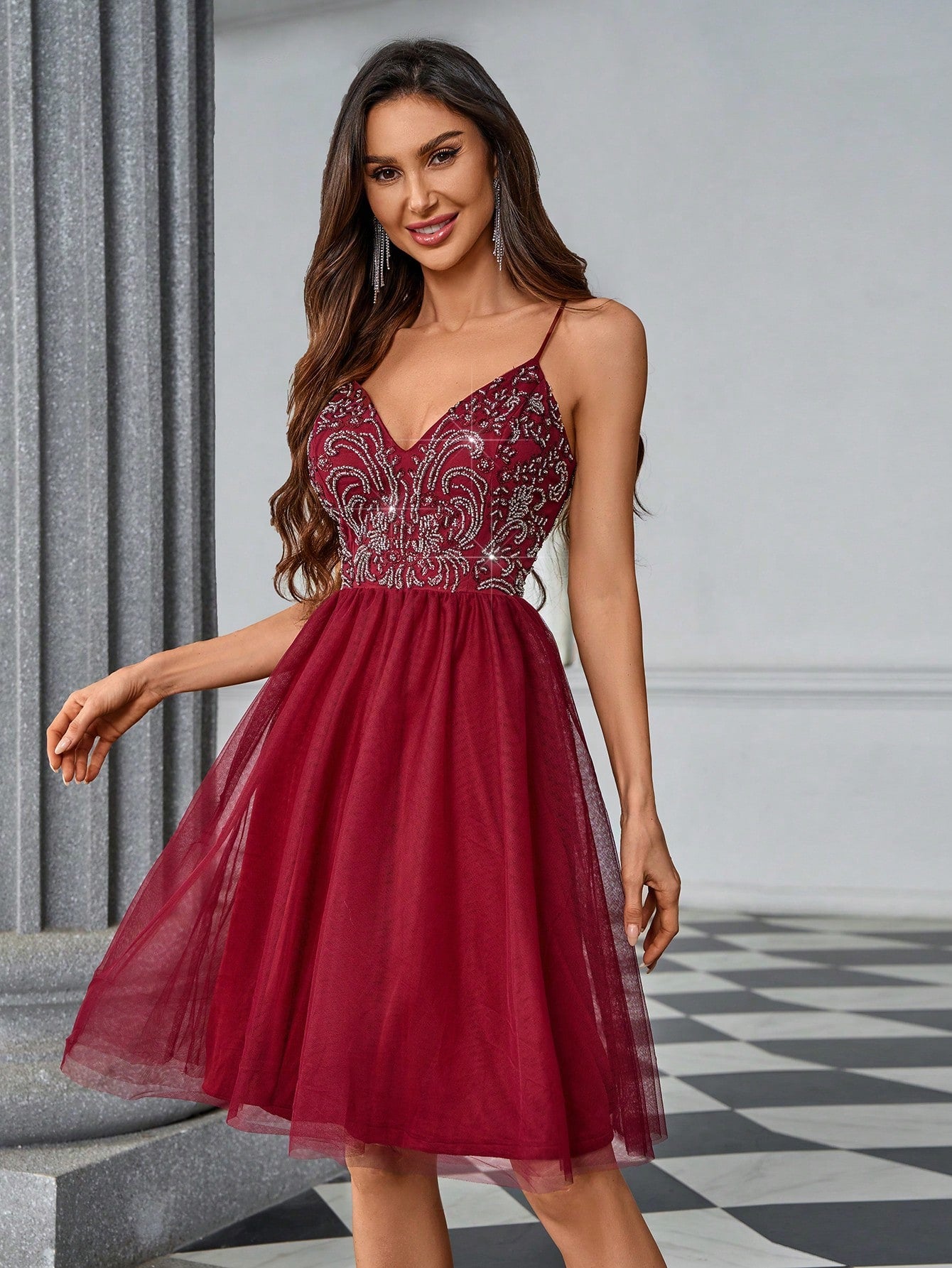 Belle Sequined Backless Mesh Spaghetti Strap Party Dress