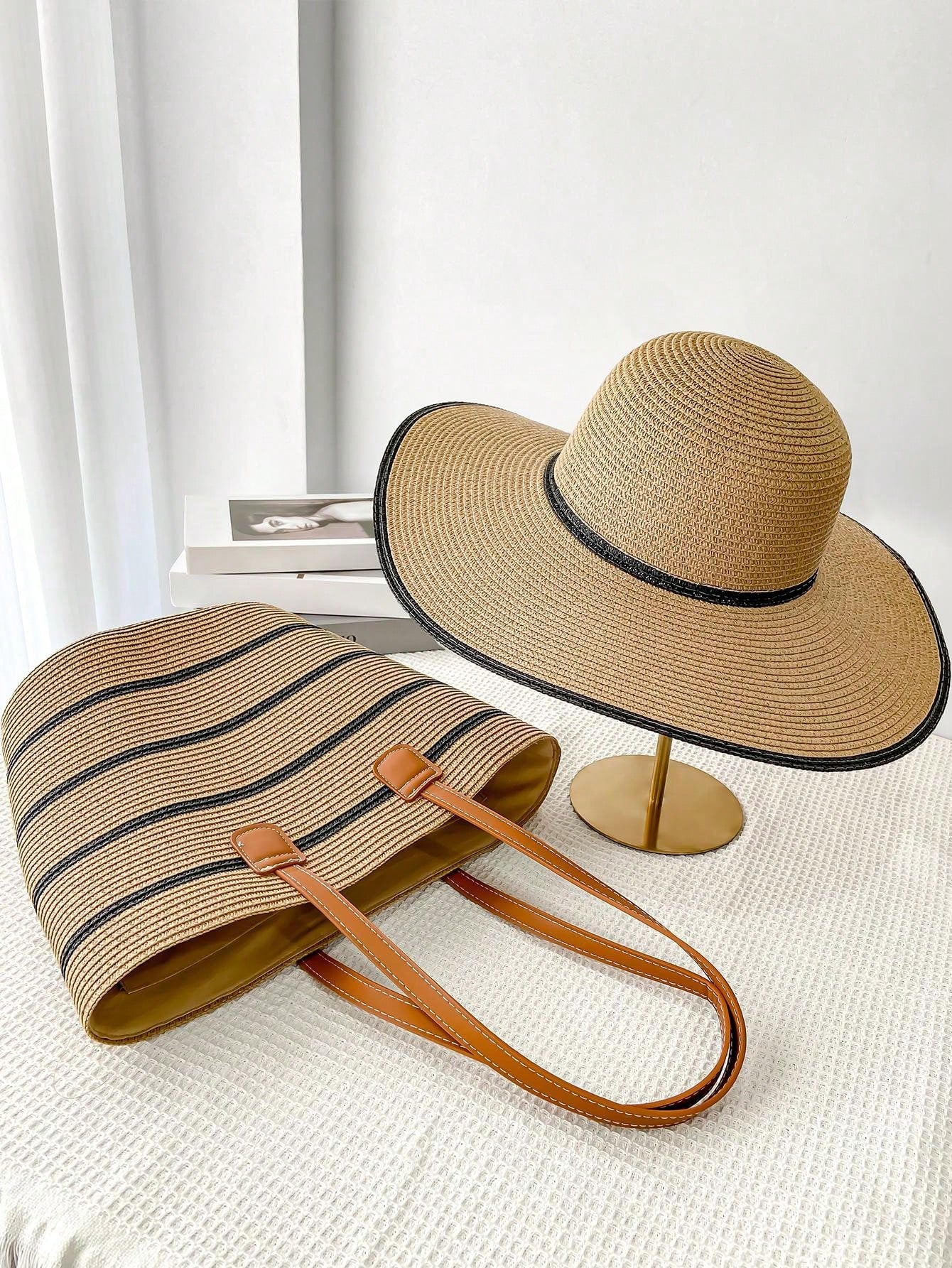 1set Women's Bohemian Style Wide Brim Straw Hat And Large Capacity Bag Combo, Fashionable And Elegant Sun Hat And Beach Bag For Holiday, Travel Or Daily Use