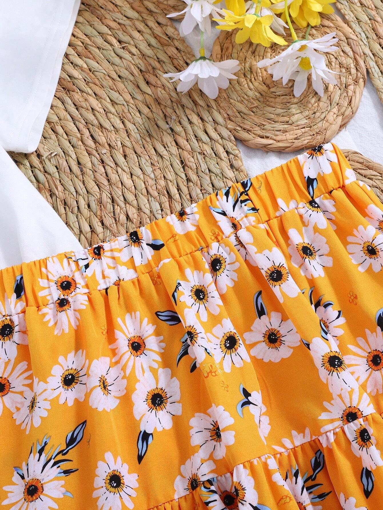 Teen Girl White & Yellow Daisy Printed Loose T-Shirt And Skirt Vacation Casual Outfit 2pcs/Set