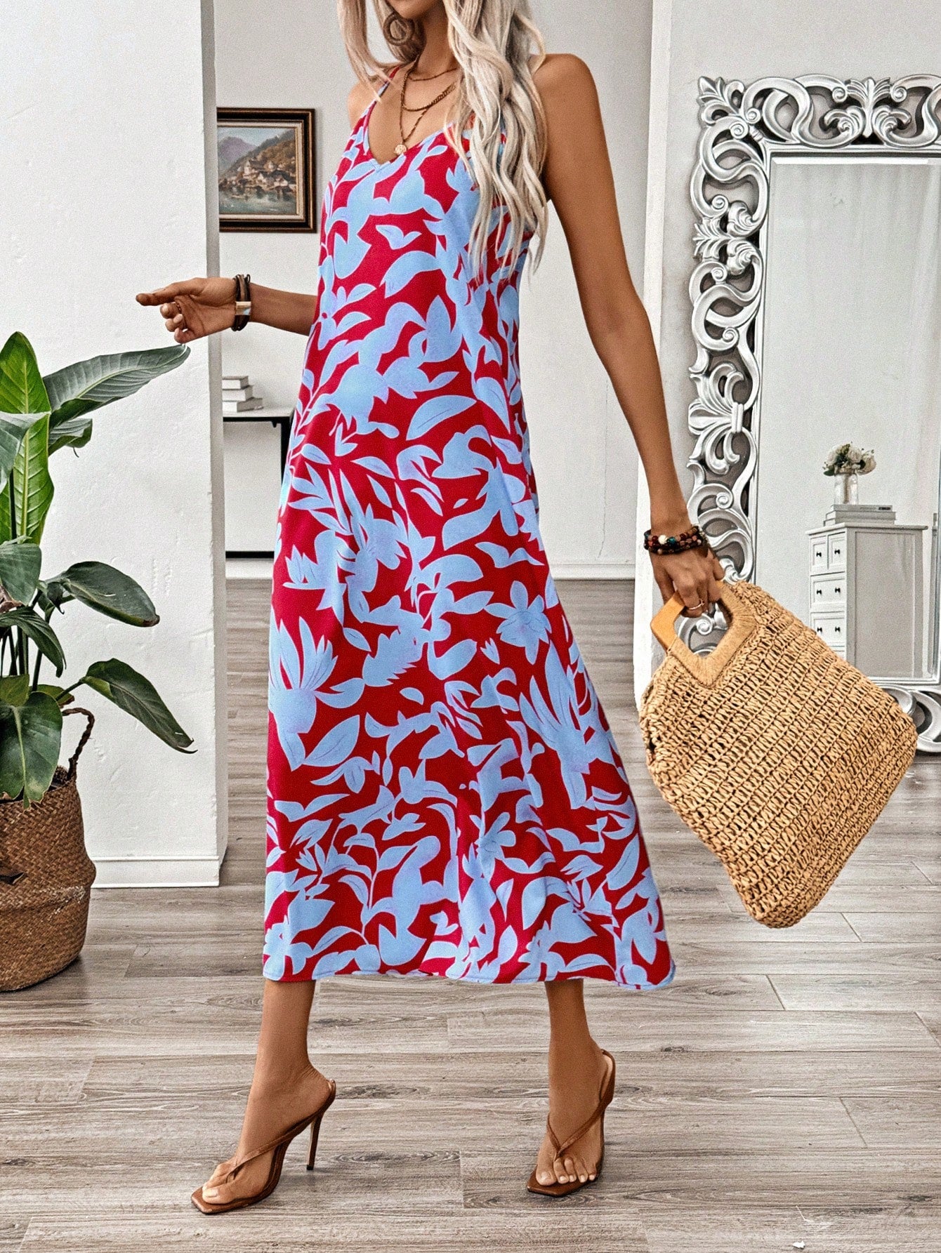 SHEIN Holidaya Loose V-Neck Spaghetti Strap Printed Dress For Women, Spring/Summer