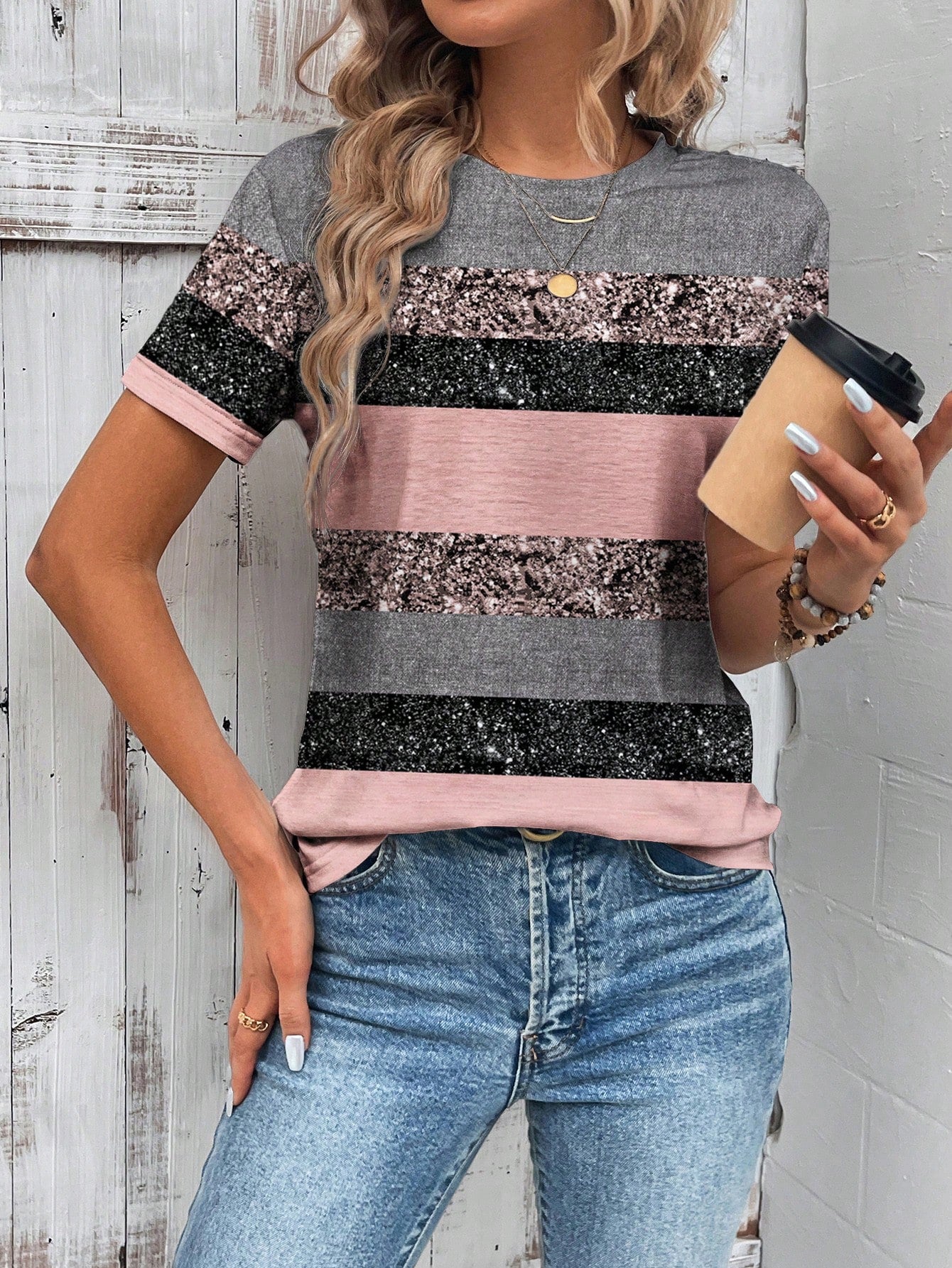 LUNE Striped Color Block Short Sleeve Summer Casual Women T-Shirt