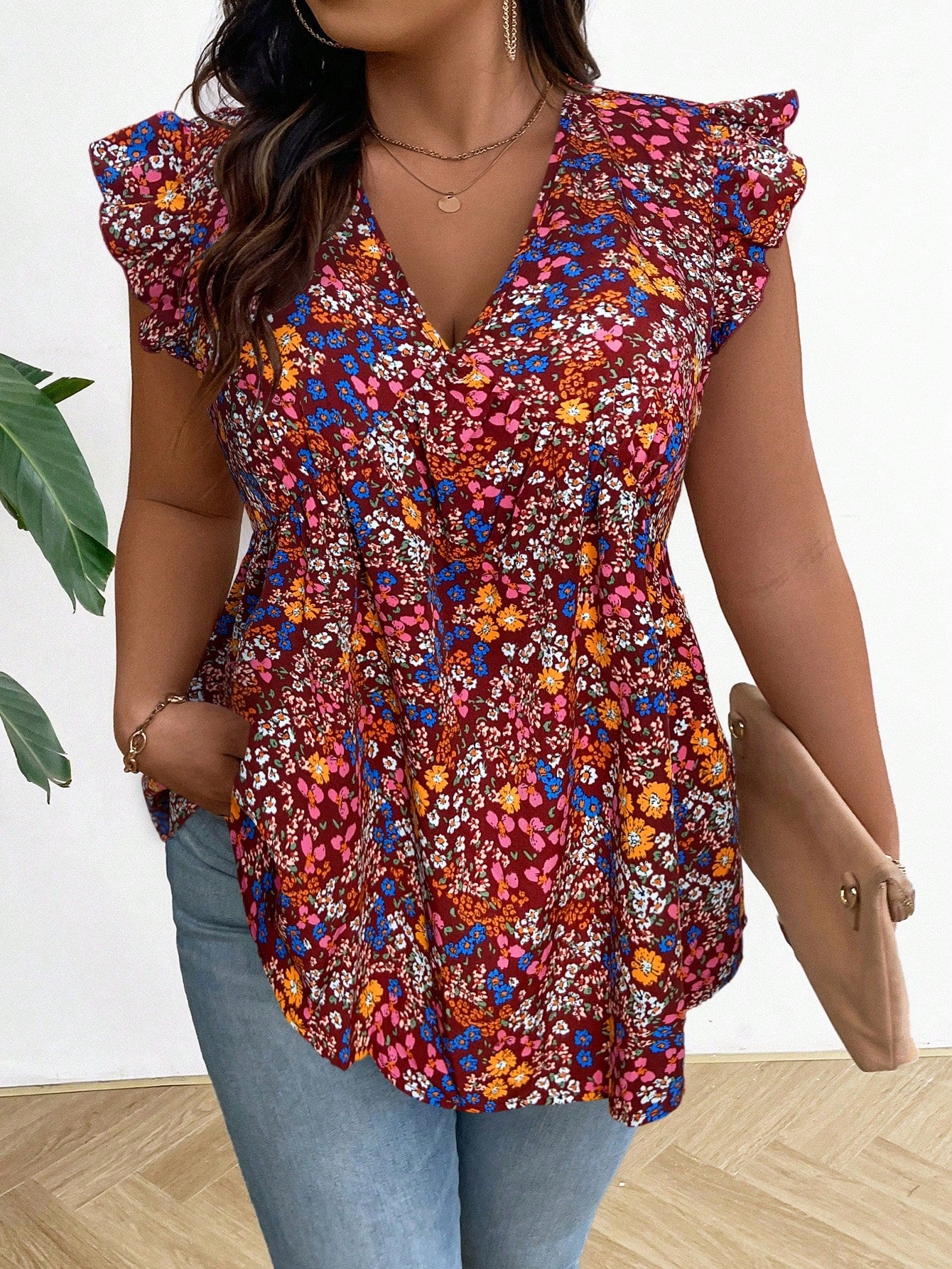 LUNE Plus Size Summer Ruffle Trim Floral Print Shirt