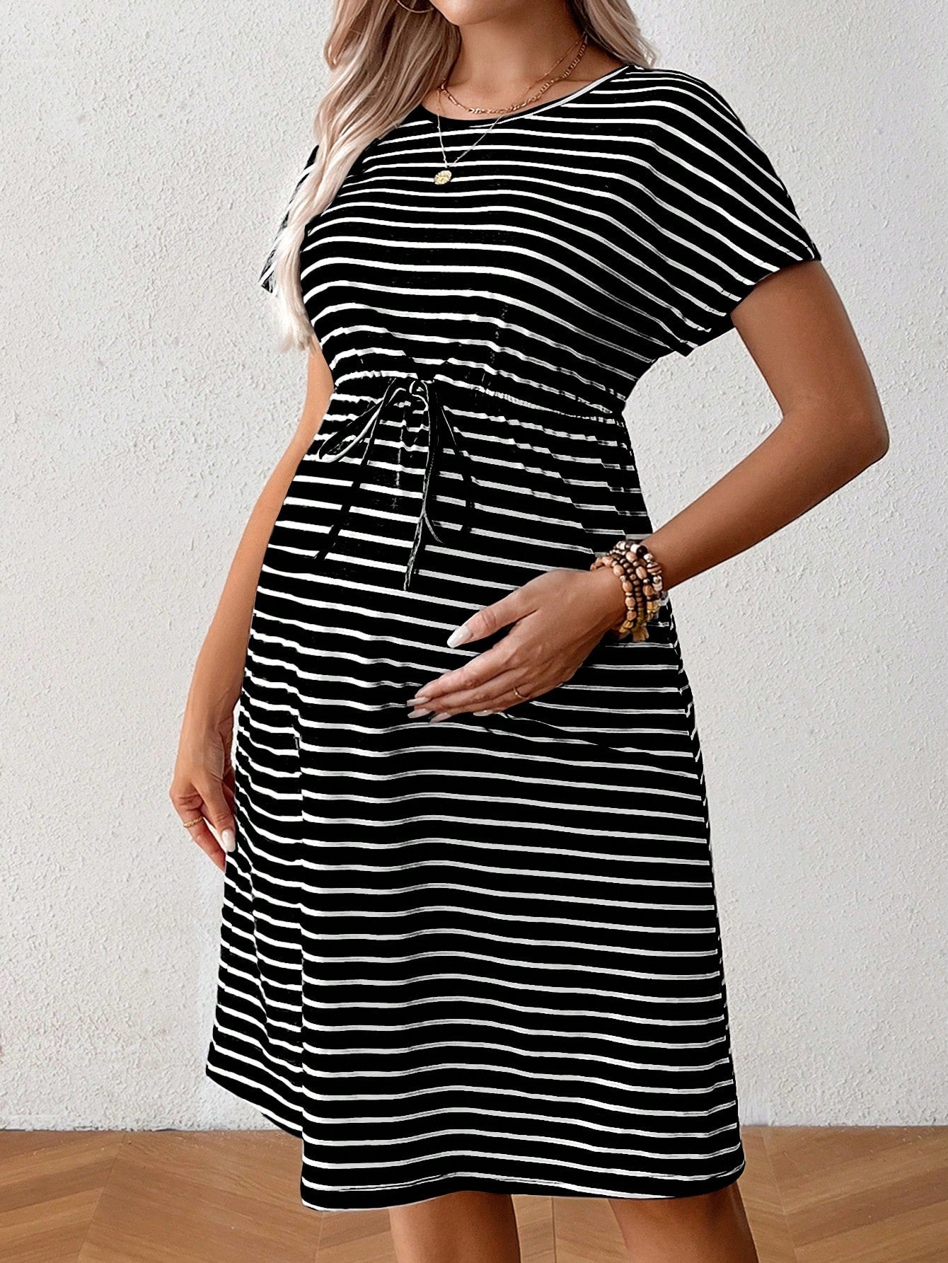 Summer Maternity Striped Print Casual Short Sleeve Dress