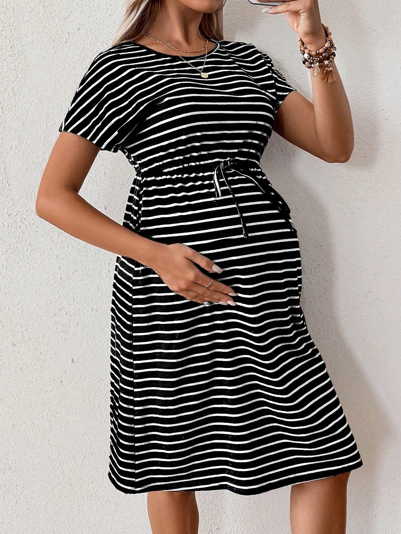 Summer Maternity Striped Print Casual Short Sleeve Dress