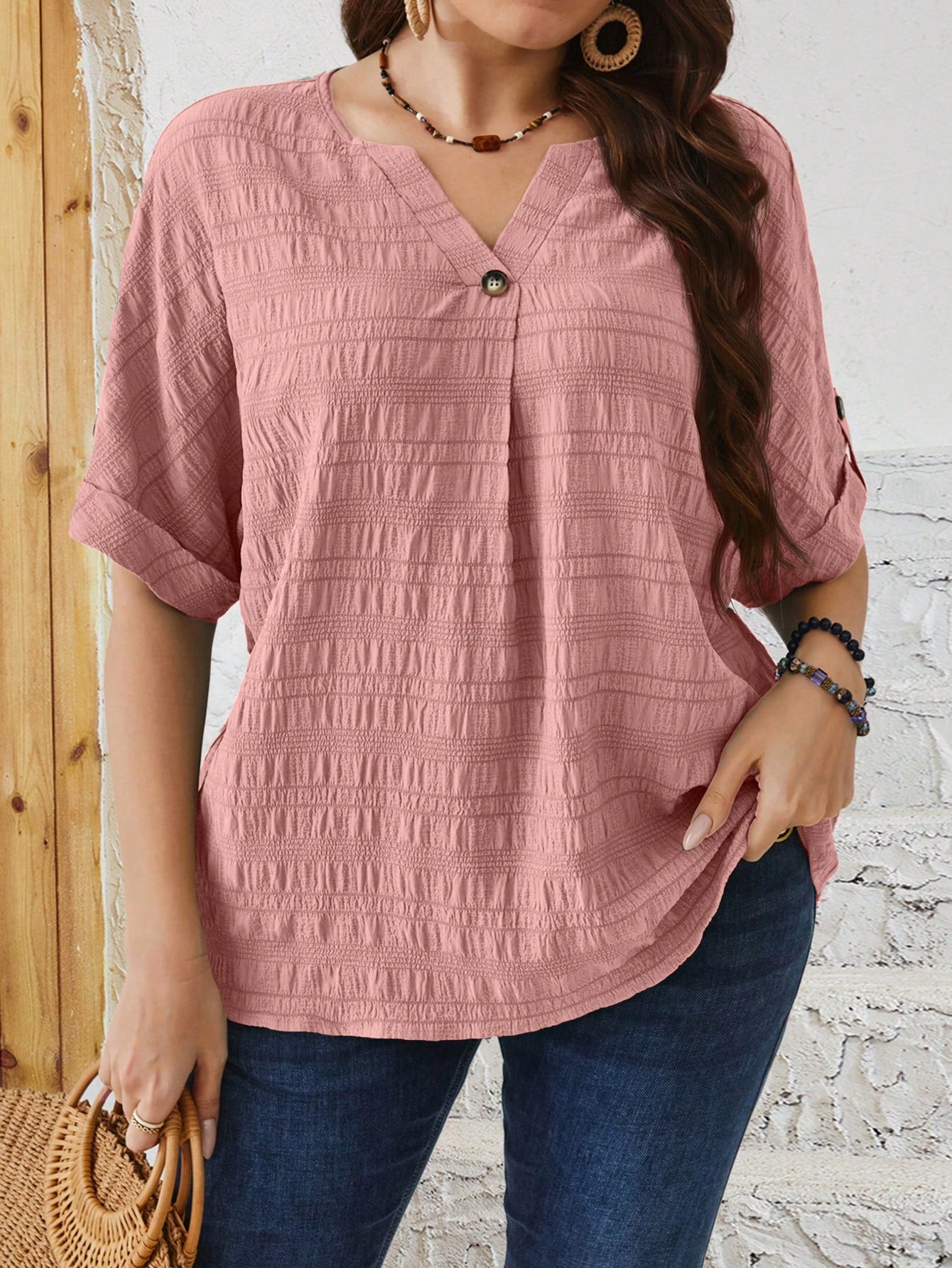 EMERY ROSE Plus Size Relaxed Fit Casual Button Down Shirt With Notched V-Neck And Batwing Sleeves