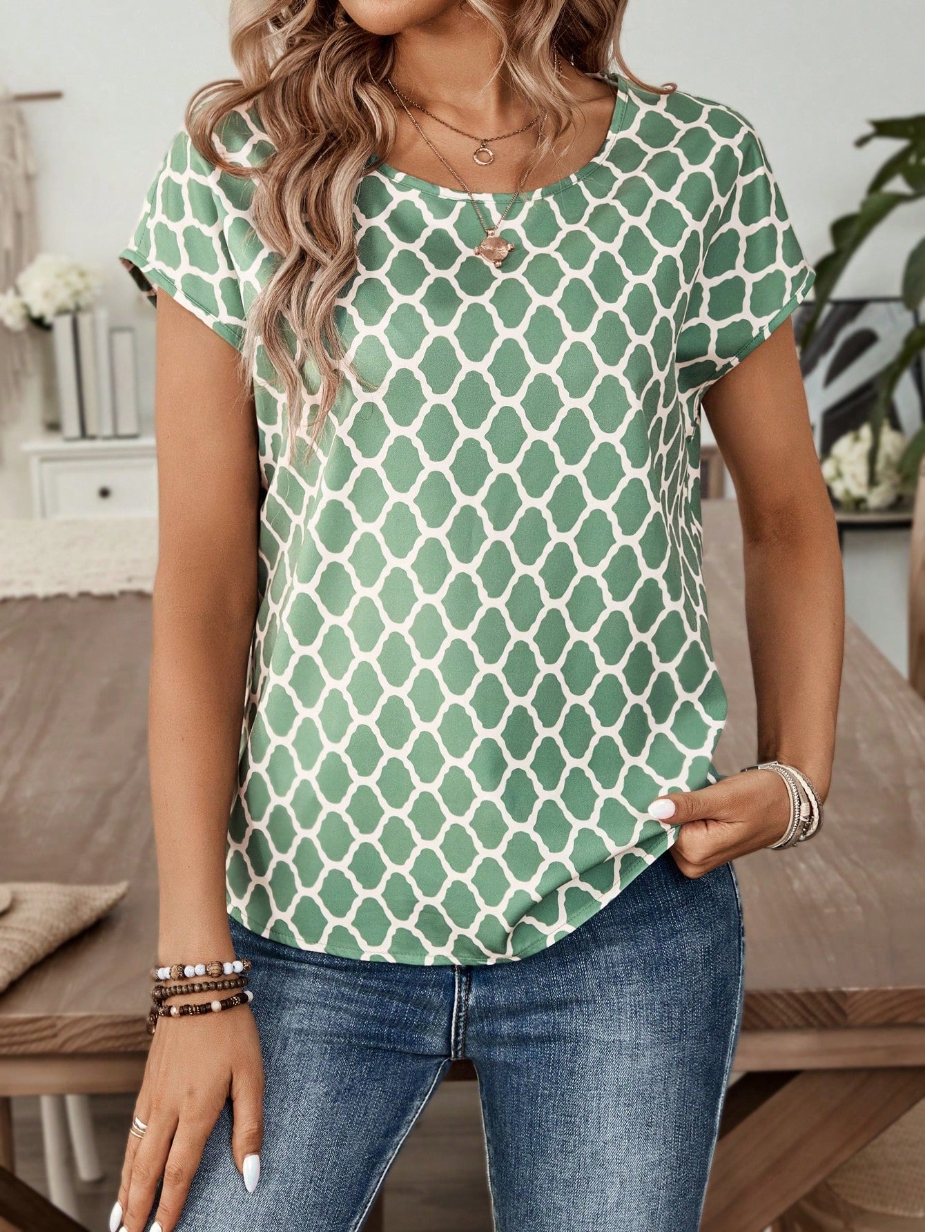 EMERY ROSE Geometric Abstract Pattern Green Ladies' Casual Short Sleeve Summer Shirt