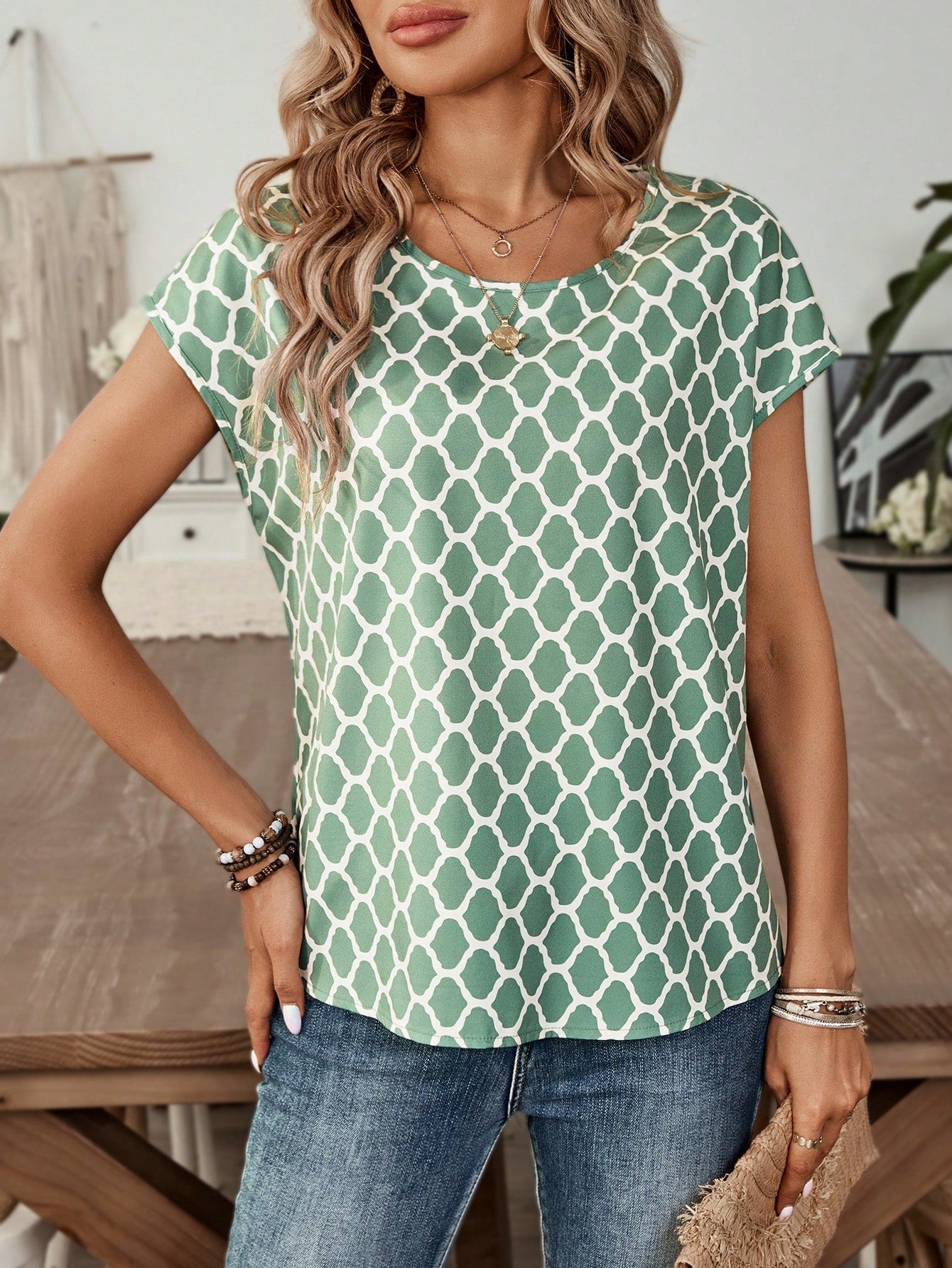 EMERY ROSE Geometric Abstract Pattern Green Ladies' Casual Short Sleeve Summer Shirt