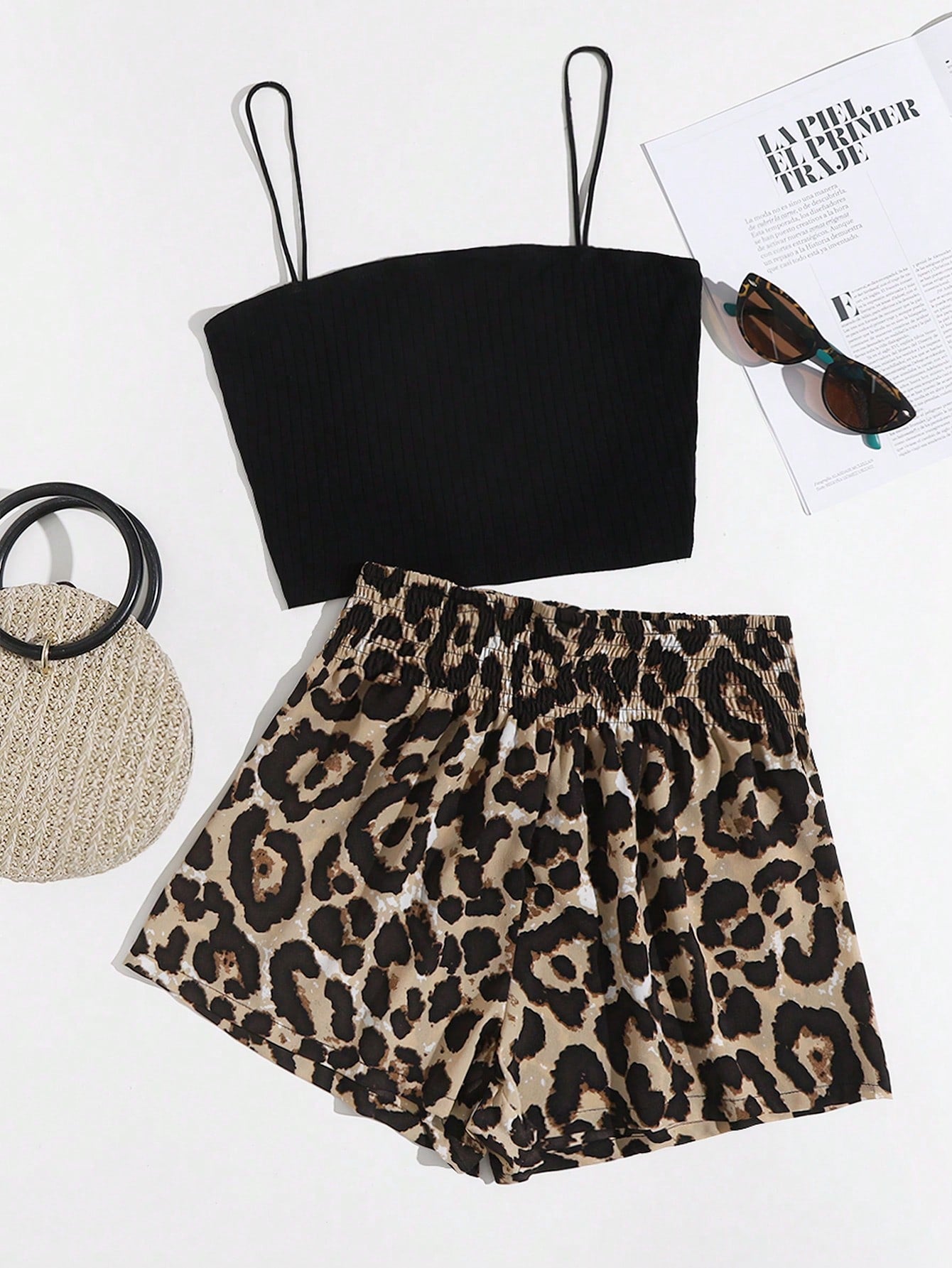 VCAY Rib-knit Solid Cami Top & Shirred Waist Leopard Shorts Set