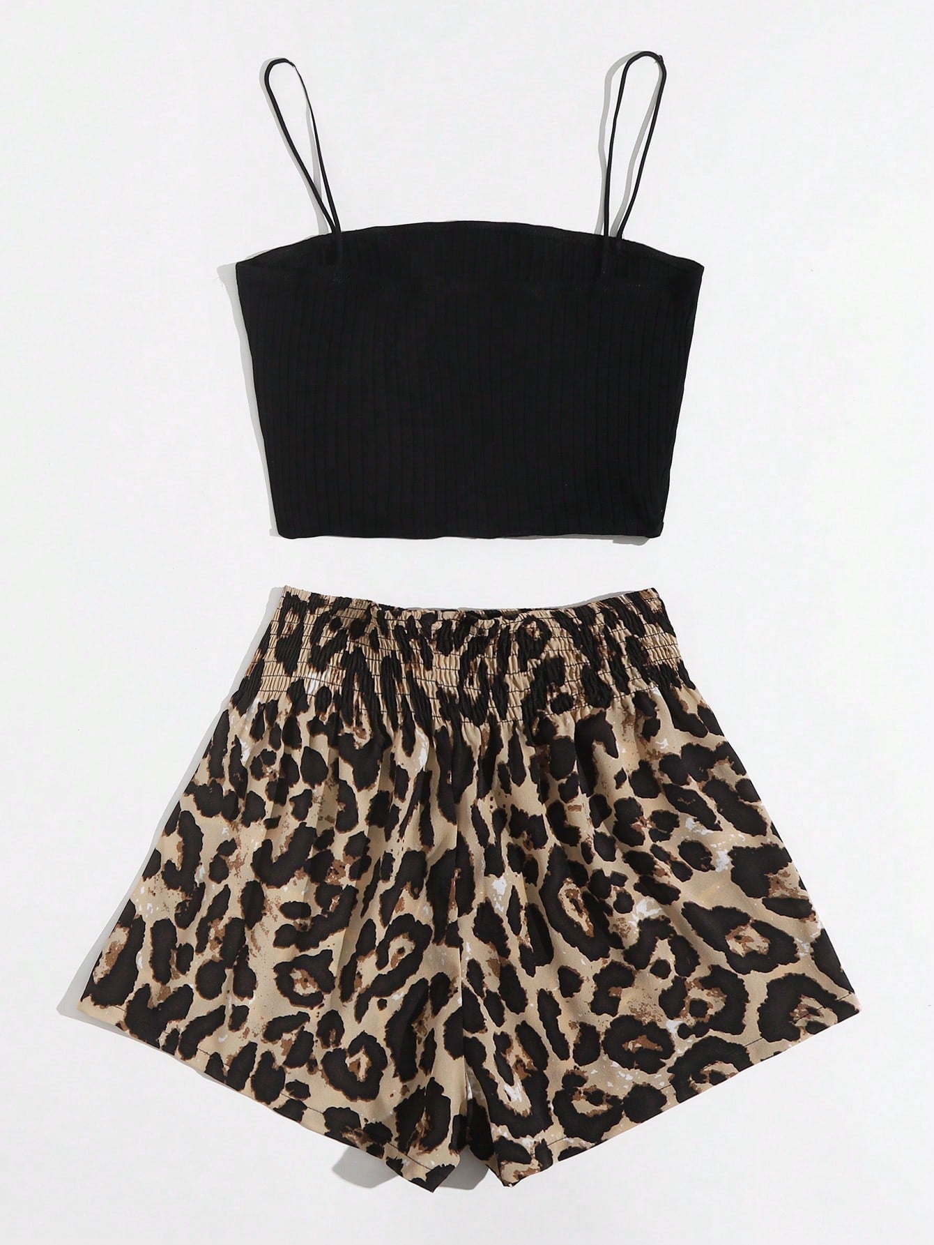 VCAY Rib-knit Solid Cami Top & Shirred Waist Leopard Shorts Set