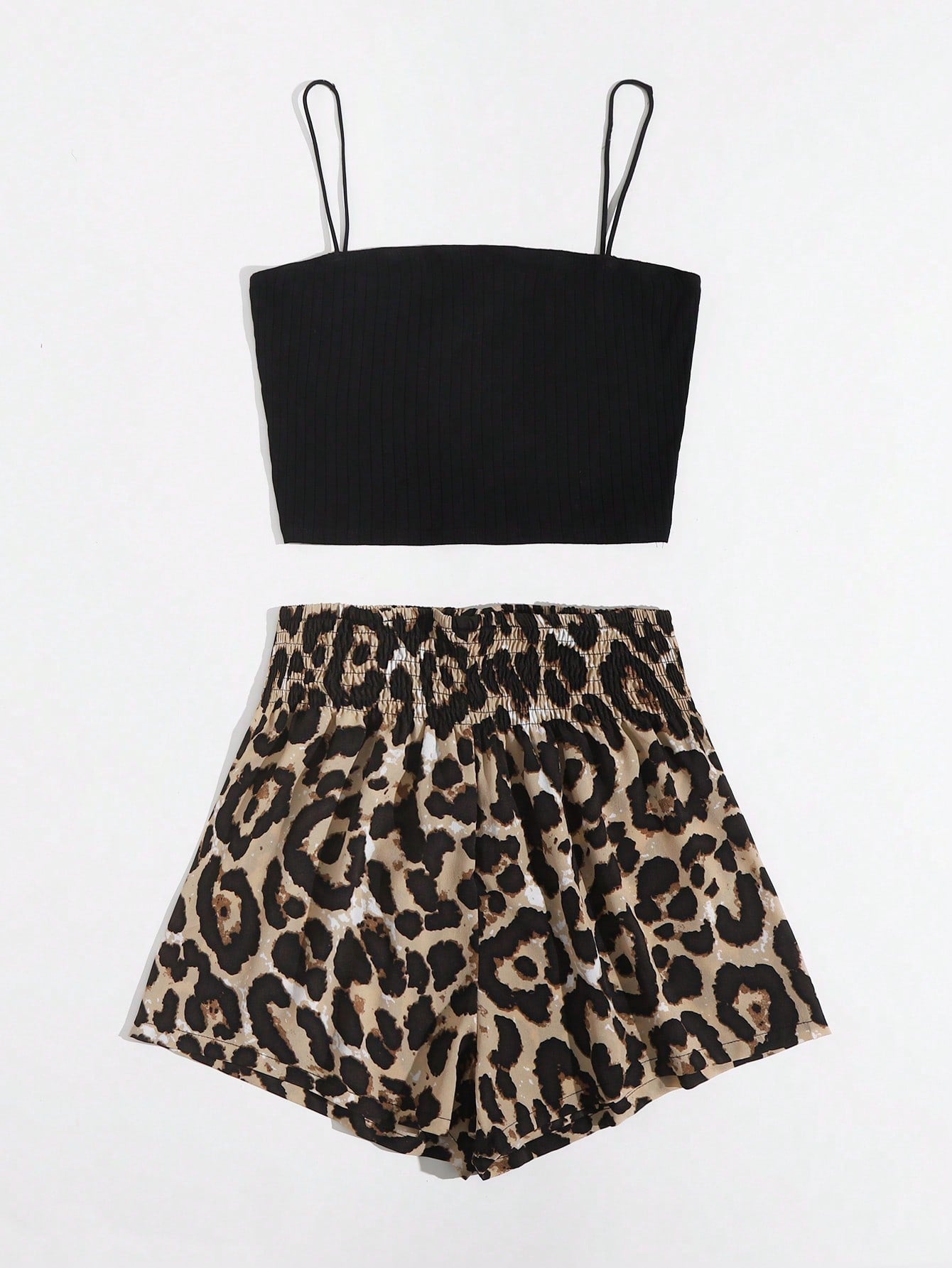 VCAY Rib-knit Solid Cami Top & Shirred Waist Leopard Shorts Set