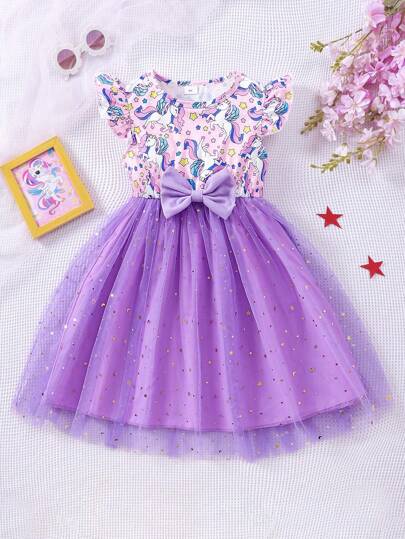 Young Girls Christmas Print Ruffled Bow Mesh  Cute Party Dress